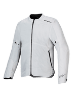Alpinestars C-1 Air Jacke, Motorradjacke, Silber, leichte Textilkonstruktion mit Tech-Mesh-Einsätzen, Frontansicht mit zentralem schwarzem Reißverschluss und Seitentaschen, Alpinestars-Logos an der Schulter und am Ärmelbündchen, urbaner Pendler-Stil