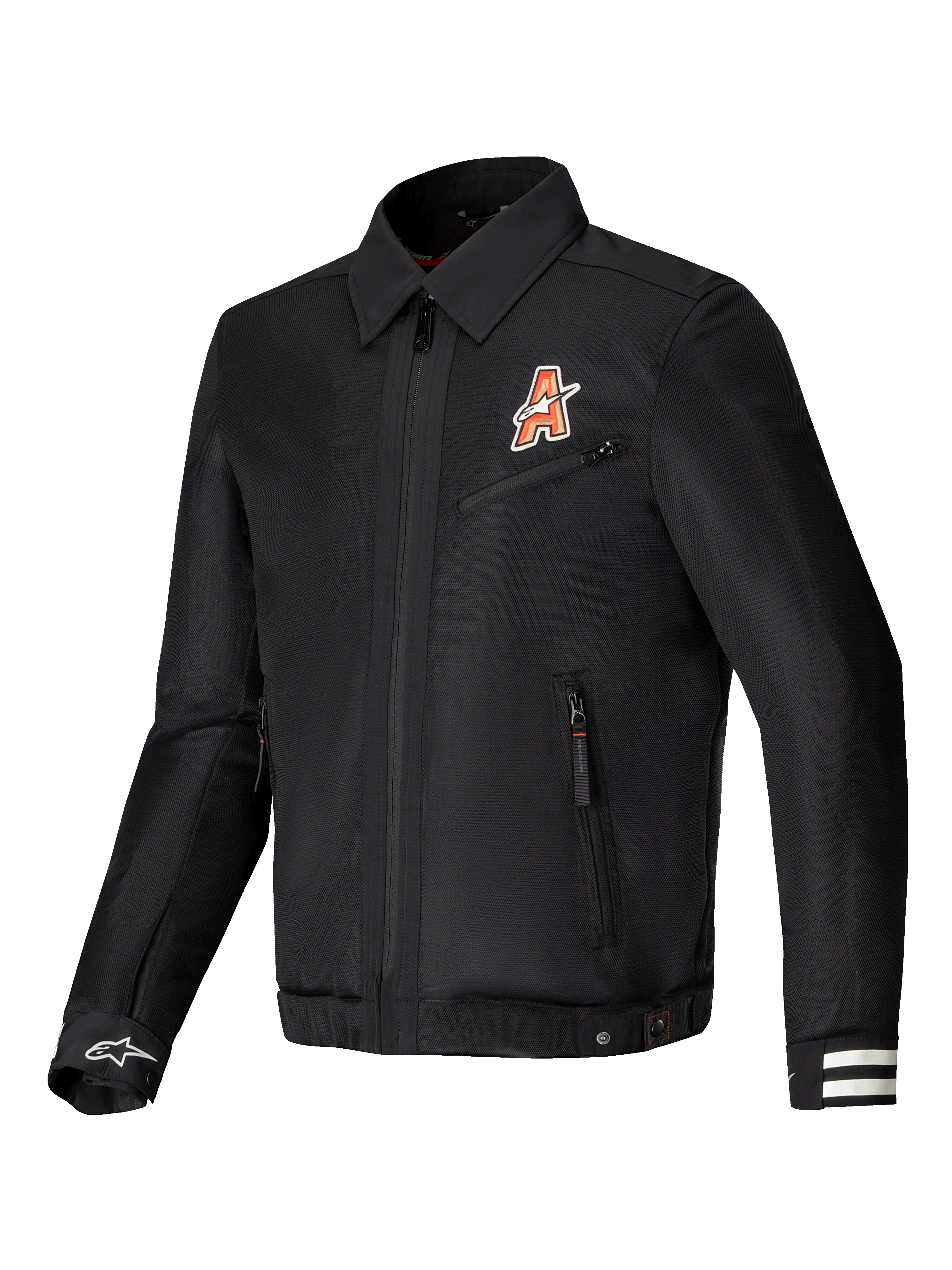 Alpinestars Ignite Air Jacket, urban motorcycle jacket with mesh body construction and CE certification, Black, featuring club-inspired graphics and a traditional shirt collar