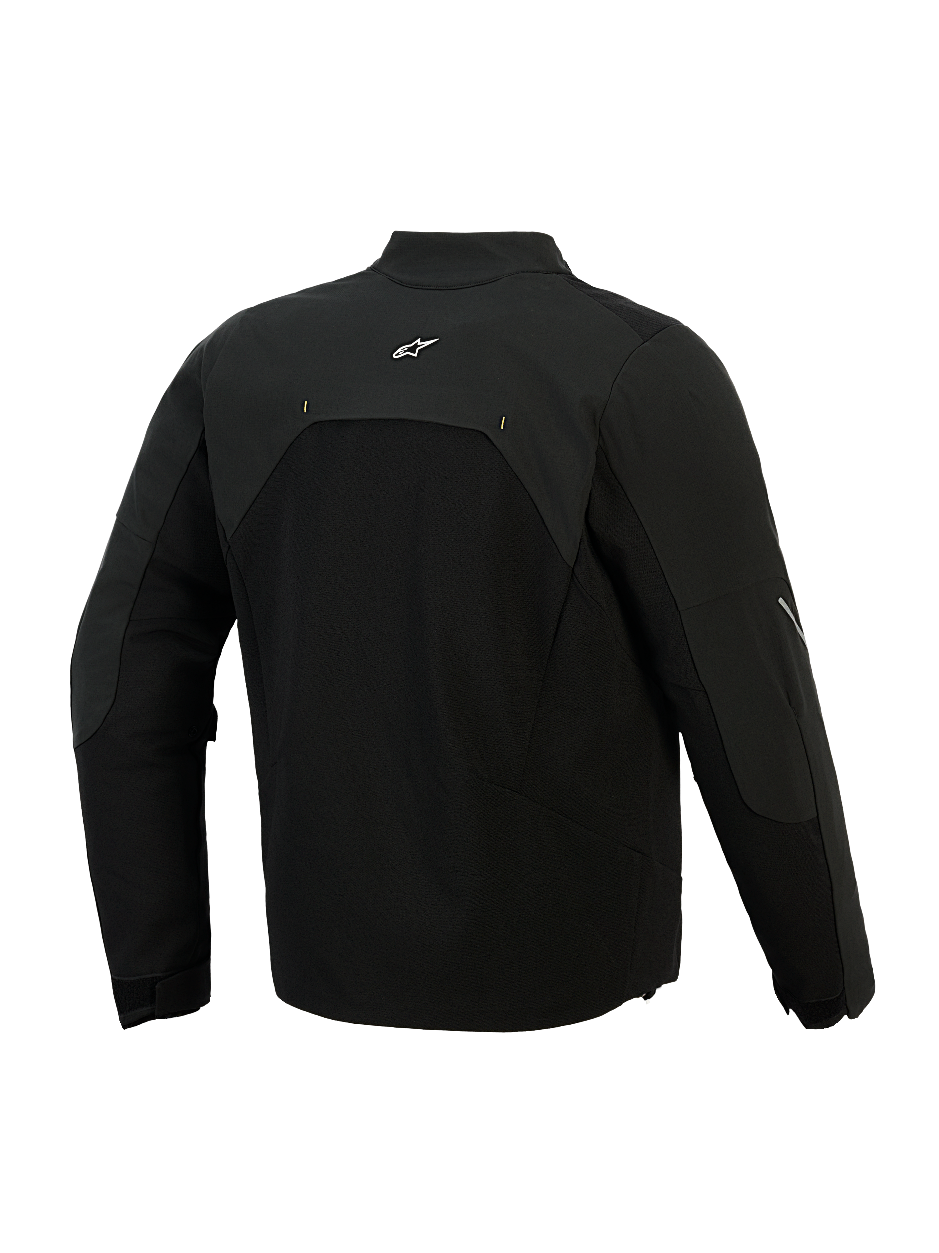 Alpinestars Provoke Jacke, Textil-Motorradjacke, Schwarz, Rückansicht mit Ripstop-Softshell-Einsätzen und kleinem weißen Logo auf dem oberen Rücken, technisches Urban-Design für das tägliche Pendeln mit dem Motorrad