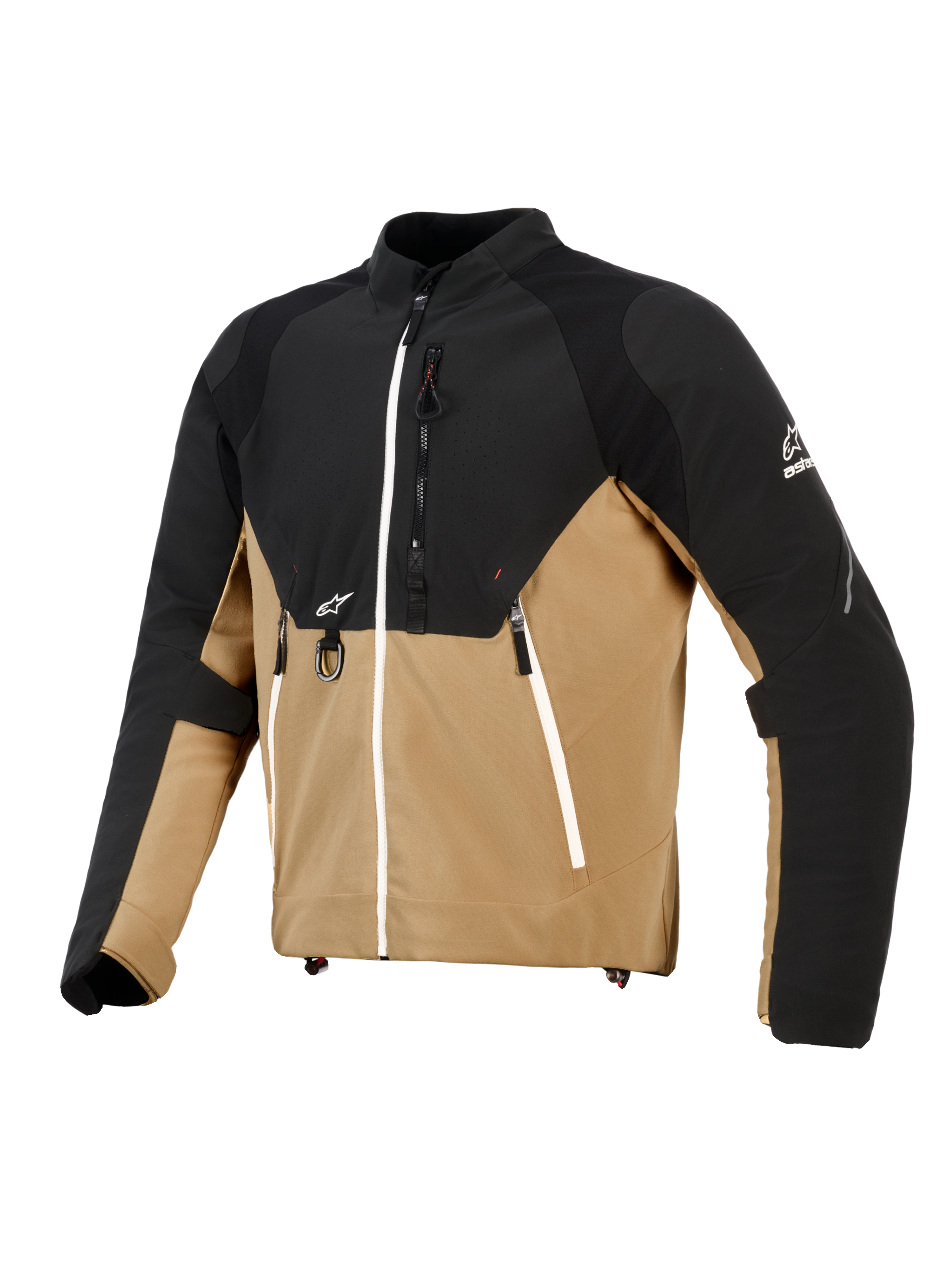 Alpinestars Provoke Jacke, Urbane Motorradjacke, Schwarz und Camel, technische Textilkonstruktion mit Ripstop-Einsätzen, mit weißen Reißverschluss-Akzenten, vorderem Metall-D-Ring und Alpinestars-Logos, zeitgenössisches, von Outdoor-Mode inspiriertes Design