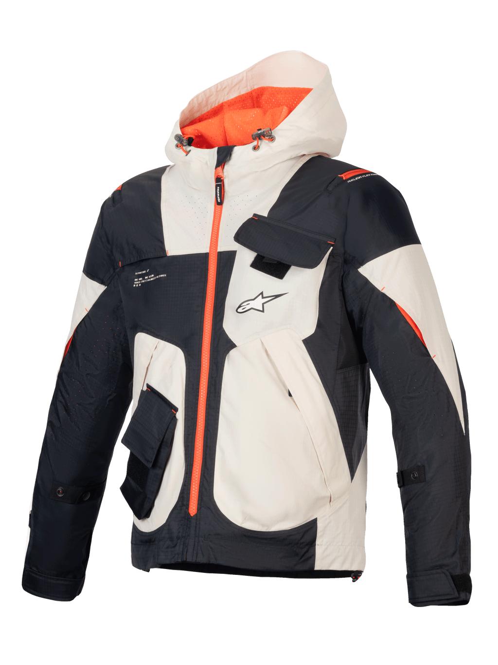 Alpinestars Mogress Air Jacket, men's urban motorcycle jacket in black, almond, and hot orange with ventilated ripstop.