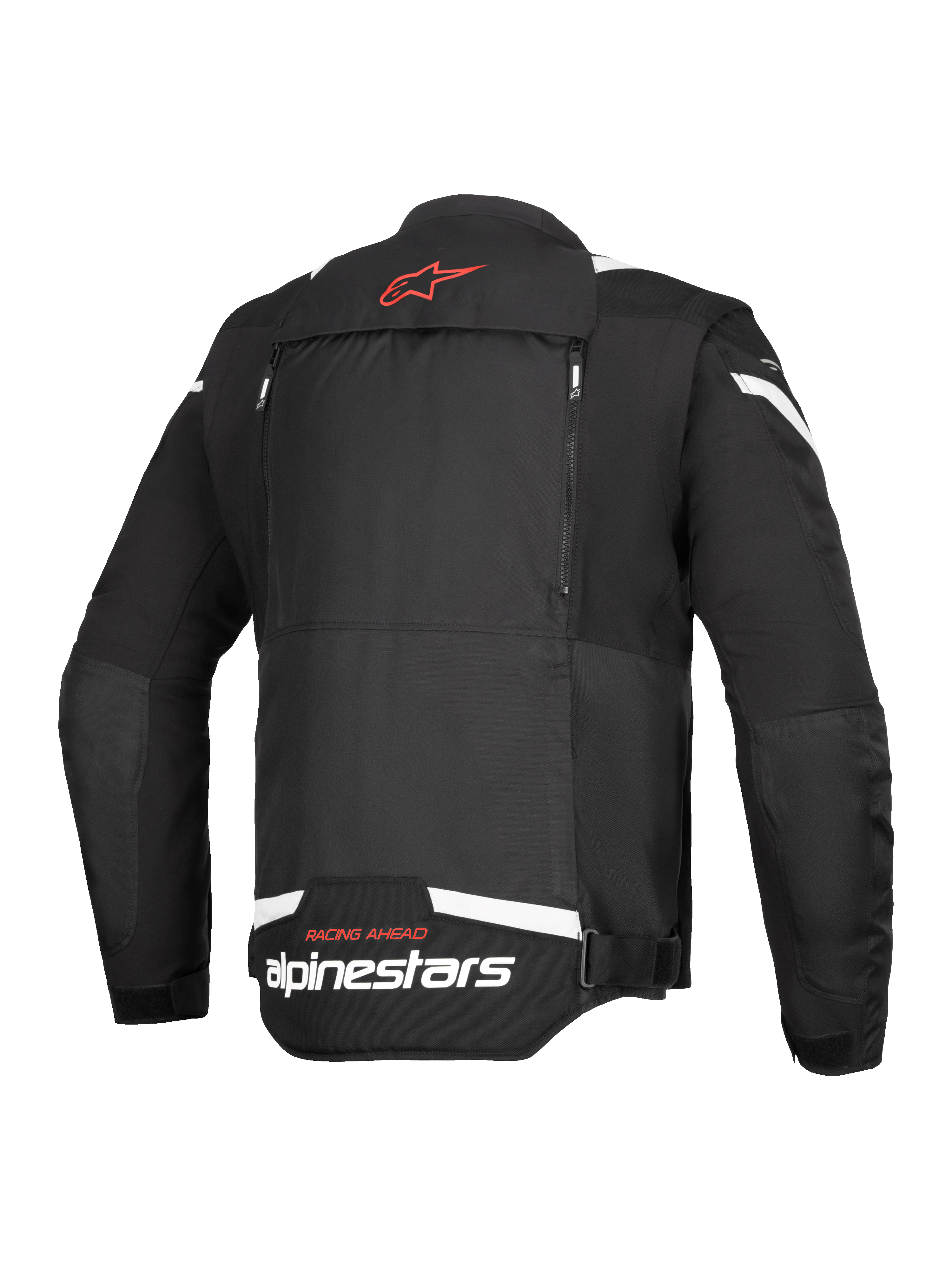 Alpinestars T-Stunt Air Jacke, Rückansicht, Schwarz und Weiß, mit einem roten Stern-Logo am Nacken, weißem Branding am unteren Rücken und vertikalen Reißverschlüssen für das modulare Airflow-System.