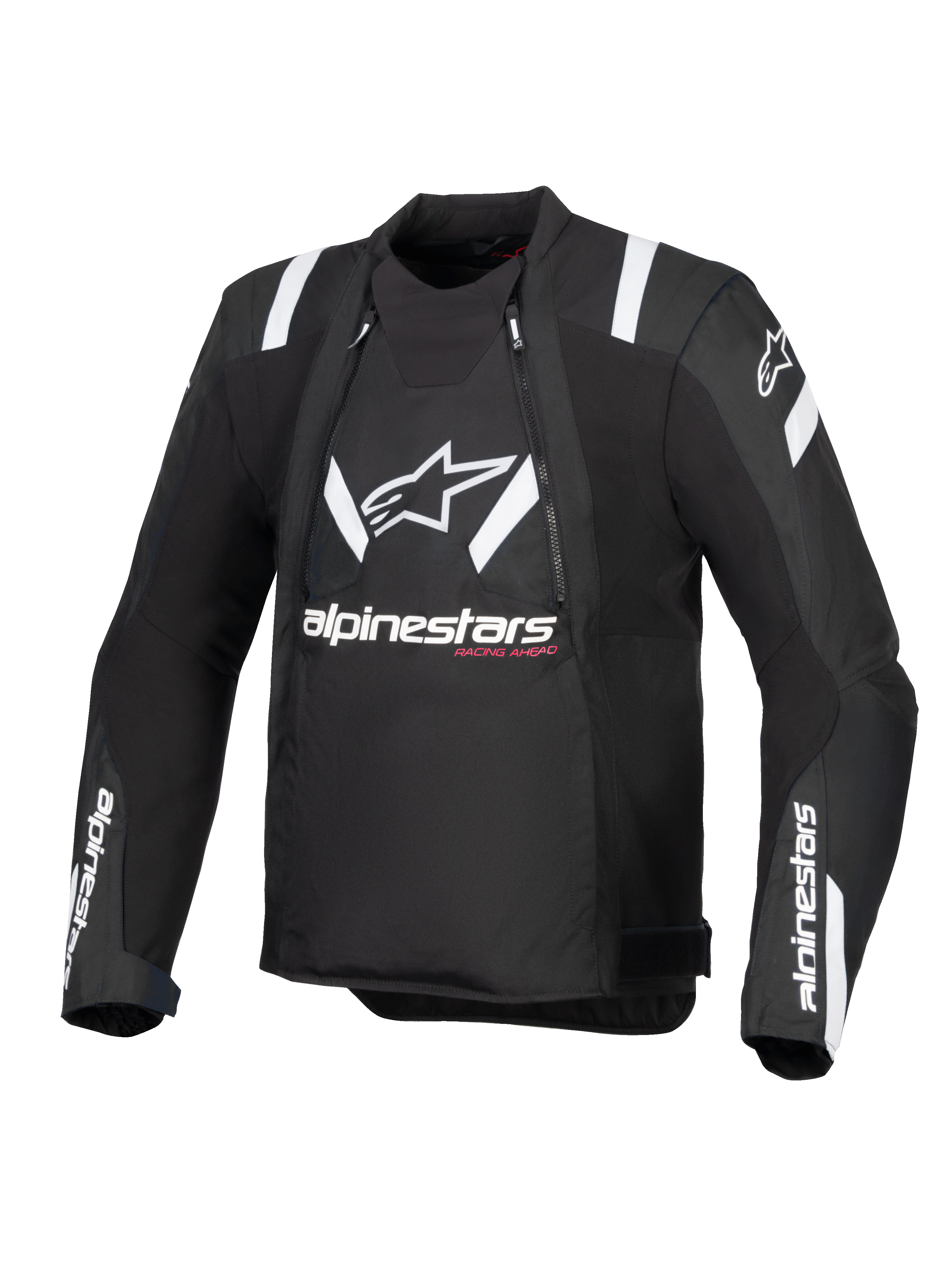 Alpinestars T-Stunt Air Jacke, Schwarz und Weiß, Vorderansicht einer sportlich geschnittenen Motorradjacke, mit großem weißem Alpinestars-Logo und Schriftzug auf der Brust, weißen Akzenten an den Schultern und Mesh-Einsätzen für modulare Belüftung