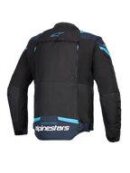 Alpinestars T-Stunt Air Jacket, Motorcycle Jacket, Black Dark Blue and Bright Blue, Rear view showing large modular back panel with zippers, Alpinestars branding and 'Racing Ahead' text on the lower back.