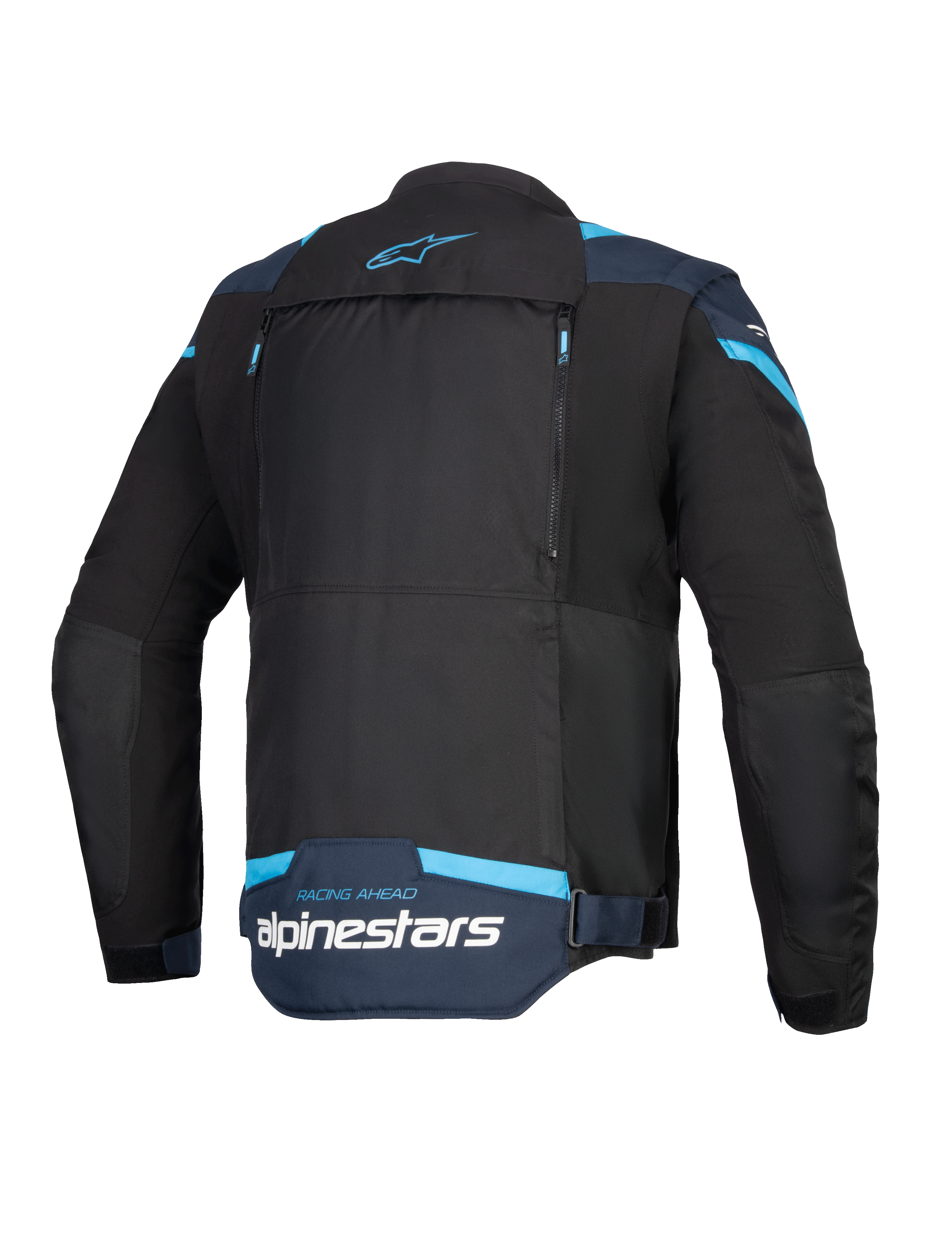 Alpinestars T-Stunt Air Jacket, Motorcycle Jacket, Black Dark Blue and Bright Blue, Rear view showing large modular back panel with zippers, Alpinestars branding and 'Racing Ahead' text on the lower back.
