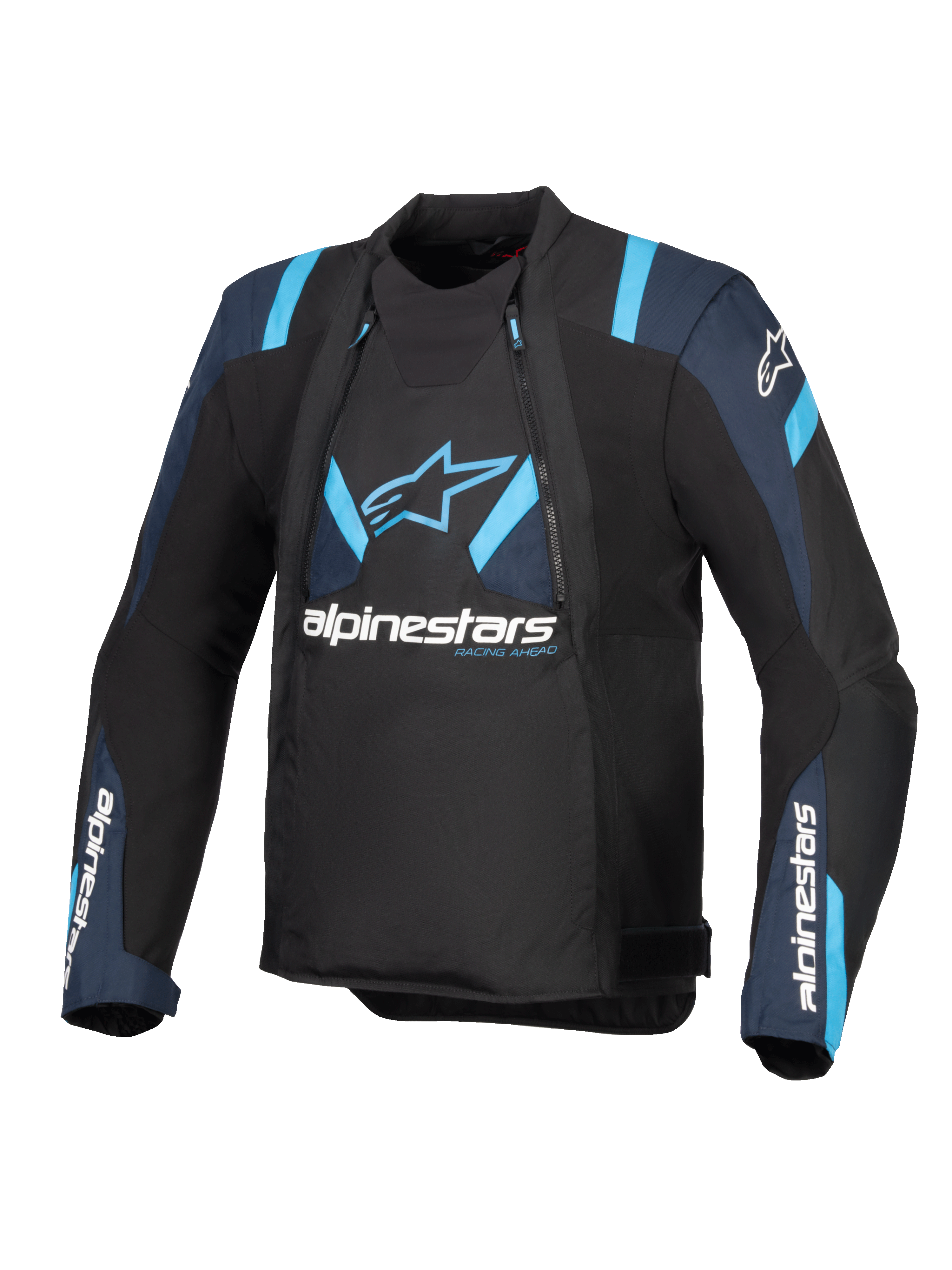 Alpinestars T-Stunt Air Jacket, Black with Dark Blue and Bright Blue accents, textile motorcycle jacket with modular mesh panels, Alpinestars branding on the chest and sleeves, sleek sport-cut design