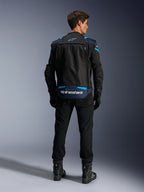 Alpinestars T-Stunt Air Jacket, Modular Textile Motorcycle Jacket, Black Dark Blue and Bright Blue, back view showing the lower back sleeve storage compartment with white Alpinestars branding, worn with black pants and boots.