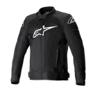 Alpinestars T-SP X Superair Jacket, Black motorcycle jacket with large white Alpinestars logo on the chest, mesh paneling for airflow, front zipper closure, adjustable waist straps, pre-curved sleeves, designed for road sport performance