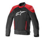 Alpinestars T-SP X Superair Jacket, Motorcycle Riding Jacket, Black and Bright Red, featuring a large white logo on the chest, red panels on the shoulders and pockets, technical mesh fabric for ventilation, and a tailored sport fit.