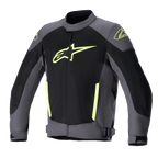 Alpinestars T-SP X Superair Jacket, Motorcycle Textile Jacket, Tar Gray and Black with Yellow Fluo accents, featuring a large yellow logo on the chest, extensive mesh paneling for ventilation, and sport fit design for summer riding