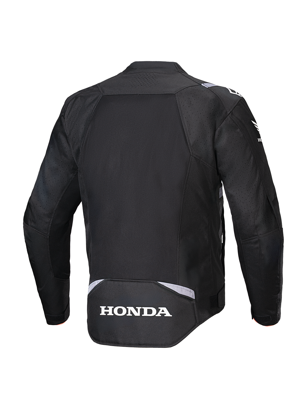 Alpinestars Honda T-SPS Air V2 Jacke, Schwarz, Rückansicht mit großem Mesh-Rückeneinsatz für Luftzirkulation, weißem Honda-Logo am unteren Rücken und Alpinestars-Branding an den Schultern, Textil-Motorradjacke für Fahrten im Sommer