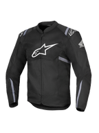 Alpinestars Honda T-SPS Air V2 Jacke, schwarze Textil-Motorradjacke mit großem weißen Alpinestars-Logo auf der Brust und Honda-Flügel-Logo am Ärmel, perforierte Mesh-Einsätze für Atmungsaktivität, graue reflektierende Streifen an Ärmeln und Taille, Frontreißverschluss.