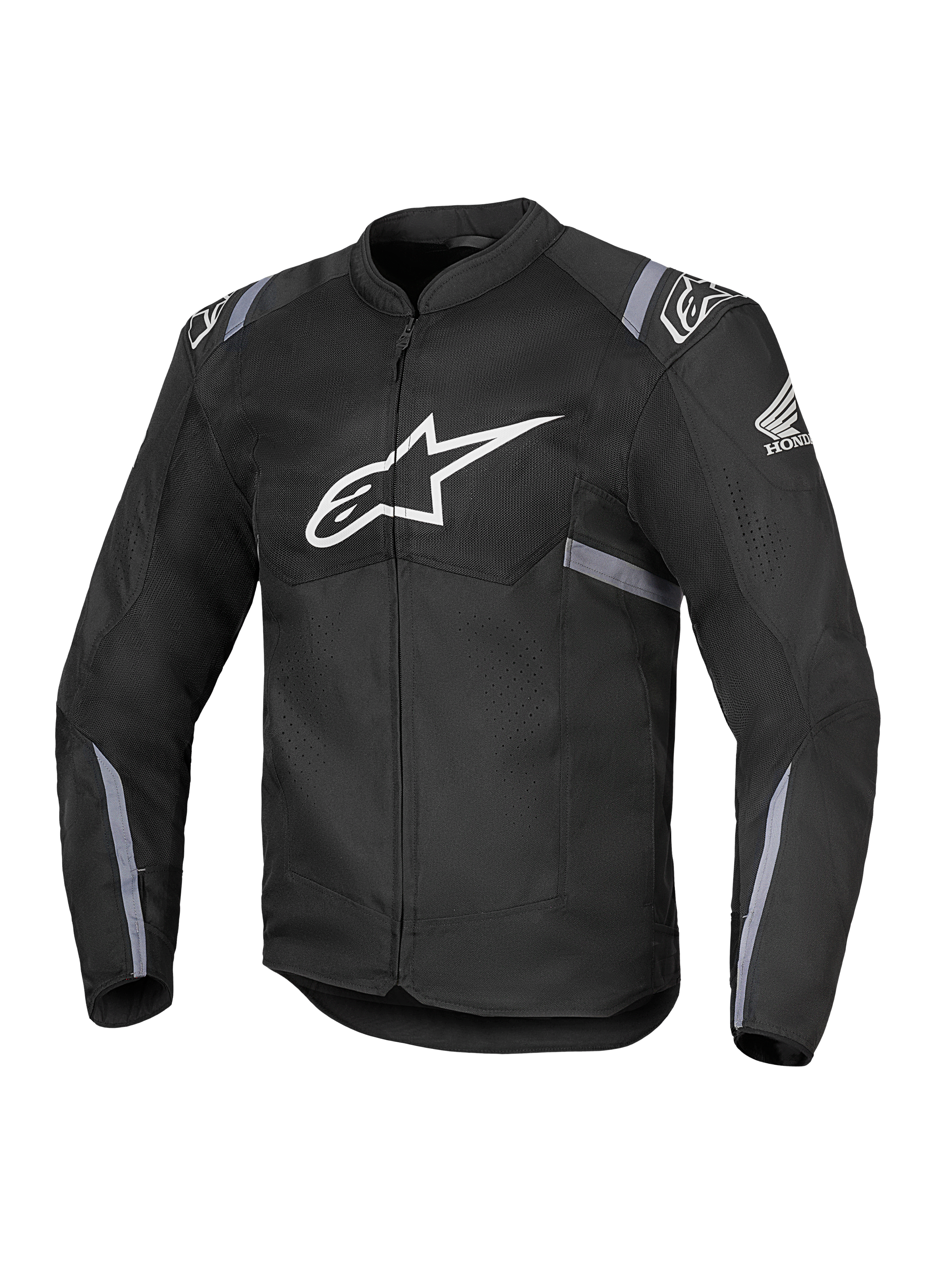 Alpinestars Honda T-SPS Air V2 Jacke, schwarze Textil-Motorradjacke mit großem weißen Alpinestars-Logo auf der Brust und Honda-Flügel-Logo am Ärmel, perforierte Mesh-Einsätze für Atmungsaktivität, graue reflektierende Streifen an Ärmeln und Taille, Frontreißverschluss.