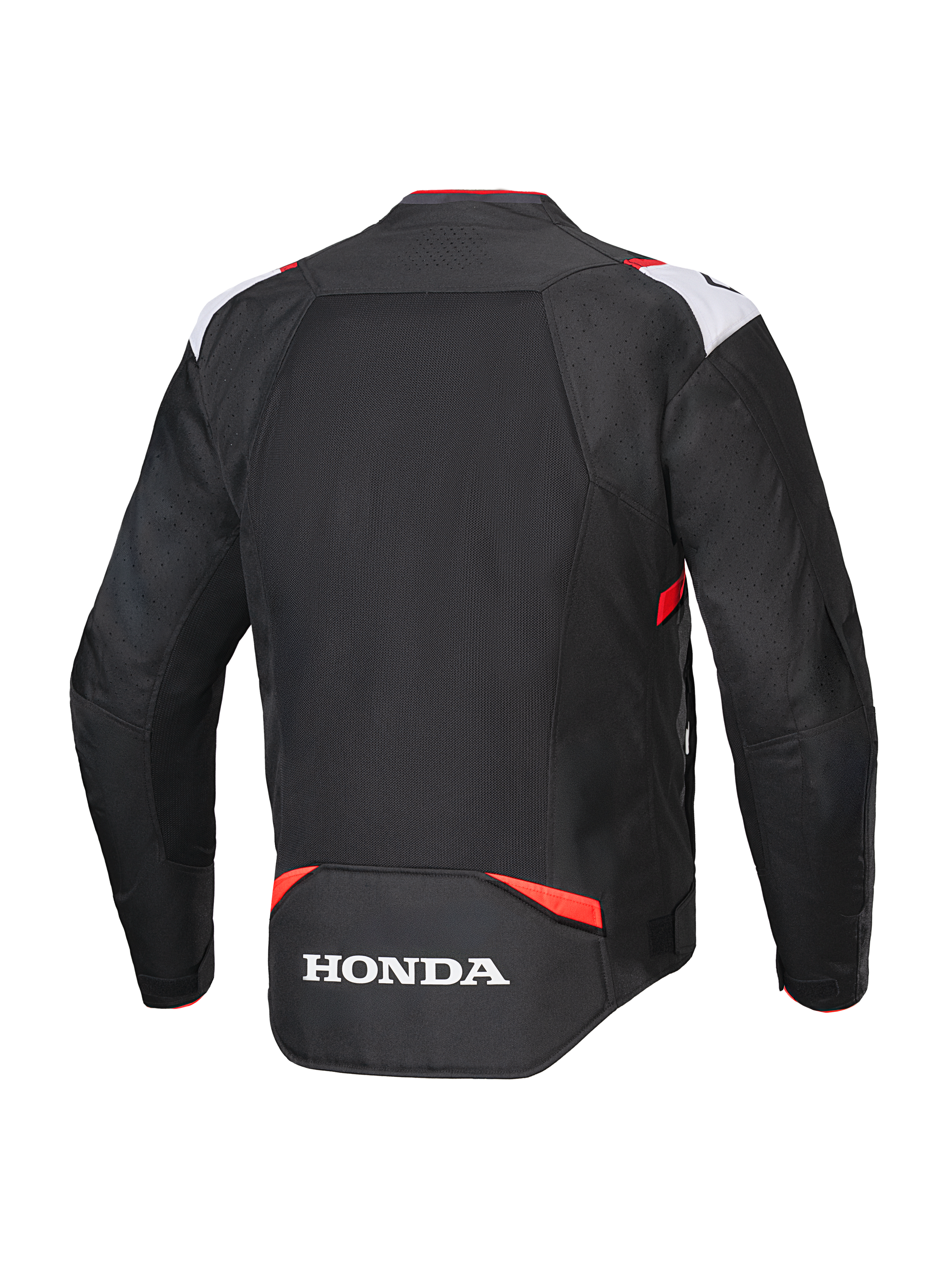 Alpinestars Honda T-SPS Air V2 Jacke, Textil-Motorradjacke, Schwarz, Weiß und leuchtendes Rot, Rückansicht mit großem Mesh-Panel für Luftzirkulation und weißem Honda-Logo auf dem unteren Rücken, sportliches Design für sommerliche Stadtfahrten