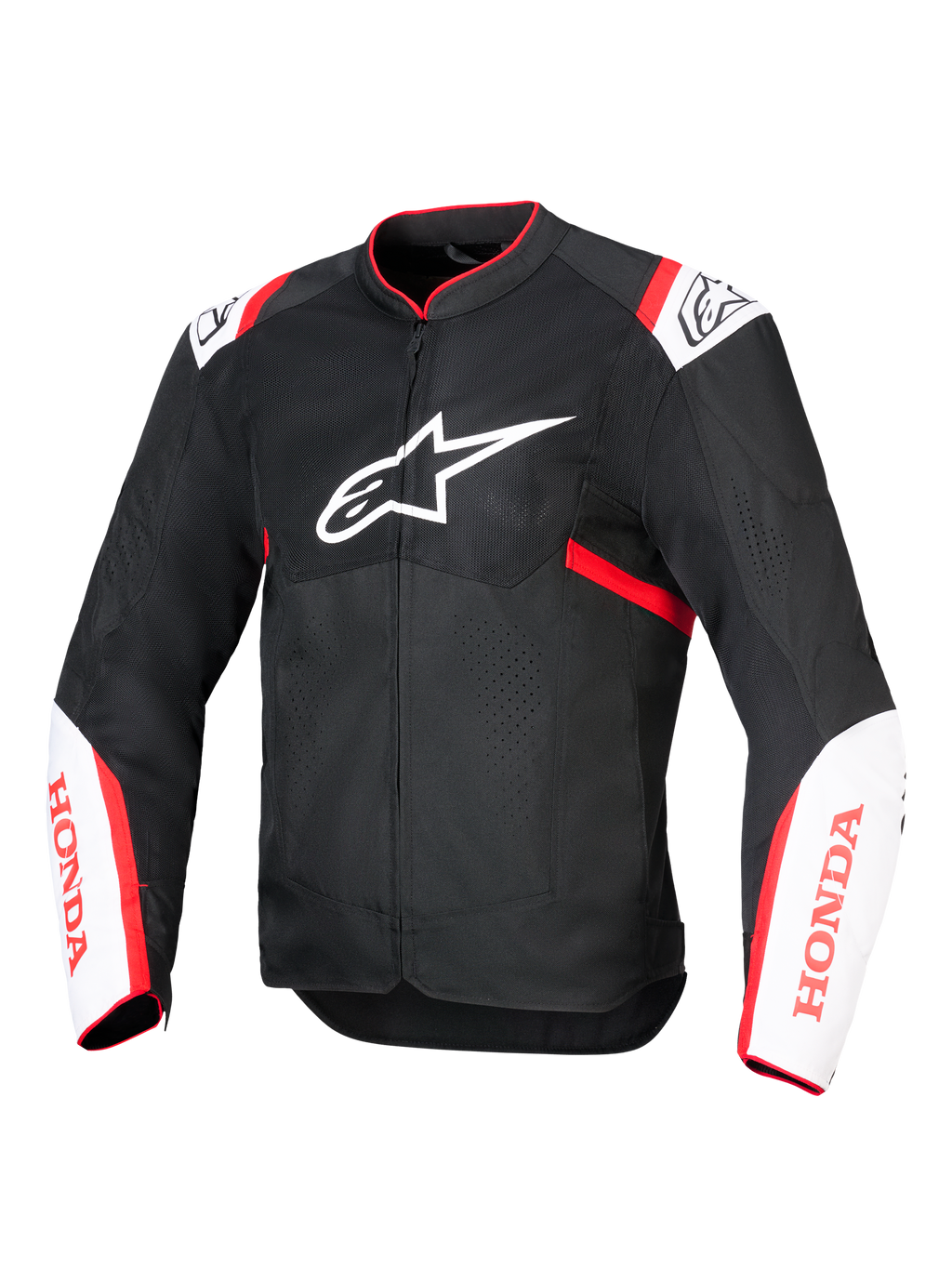 Alpinestars Honda T-SPS Air V2 Jacke, Motorrad-Textiljacke, Schwarz mit weißen und leuchtend roten Akzenten, belüftete Tech-Mesh-Einsätze, Alpinestars-Logo auf der Brust und rotes Honda-Branding auf den Ärmeln, sportliches urbanes Design für optimale Belüftung