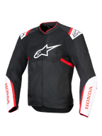 Alpinestars Honda T-SPS Air V2 Jacke, Motorrad-Textiljacke, Schwarz mit weißen und leuchtend roten Akzenten, belüftete Tech-Mesh-Einsätze, Alpinestars-Logo auf der Brust und rotes Honda-Branding auf den Ärmeln, sportliches urbanes Design für optimale Belüftung