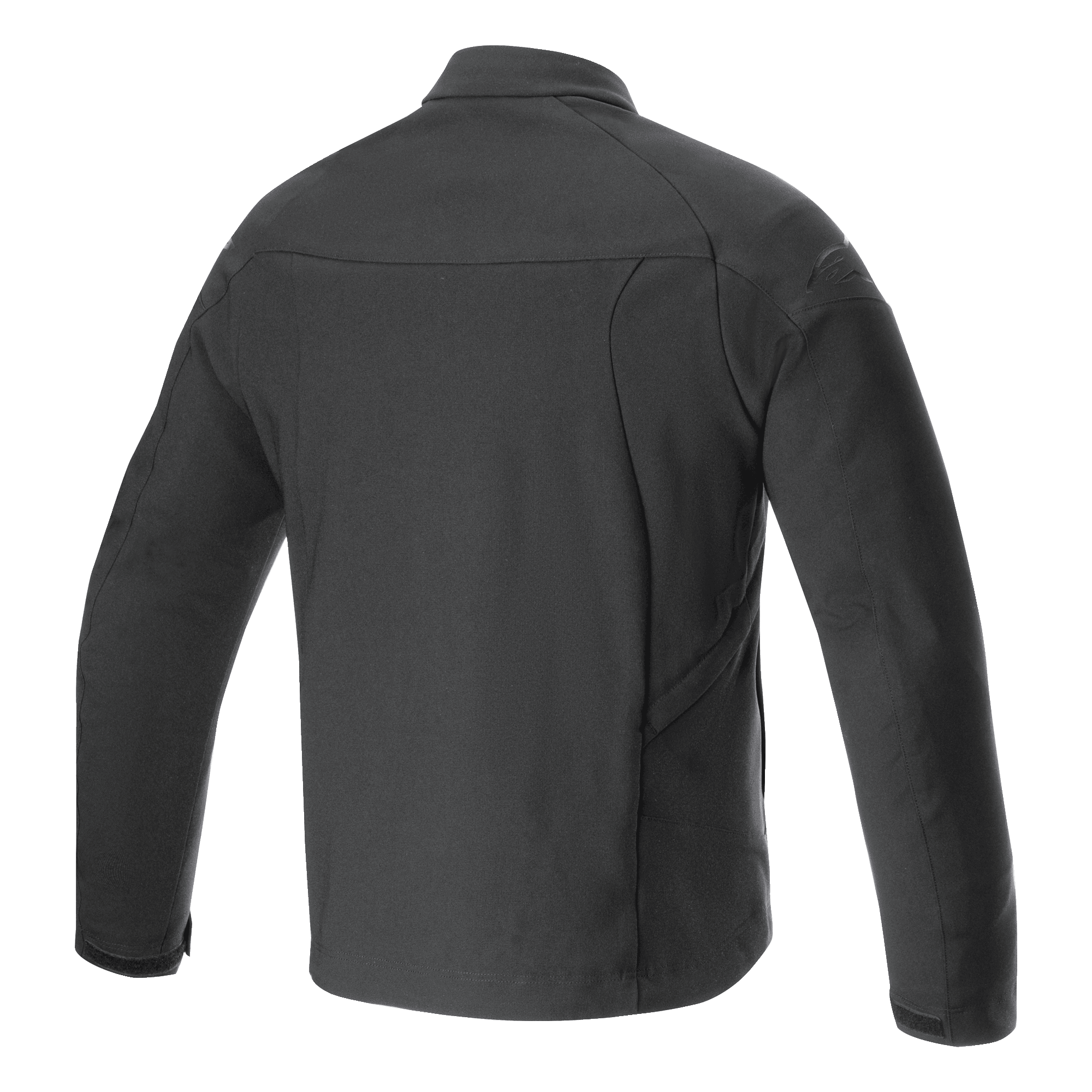 Alpinestars Aeron Jacke, Motorradjacke, Schwarz, Rückansicht mit einer minimalistischen urbanen Silhouette, Konstruktion aus atmungsaktivem Full-Stretch-Poly-Gewebe, dezentes geprägtes Logo auf der Schulter, Sommer-Fahrausrüstung.