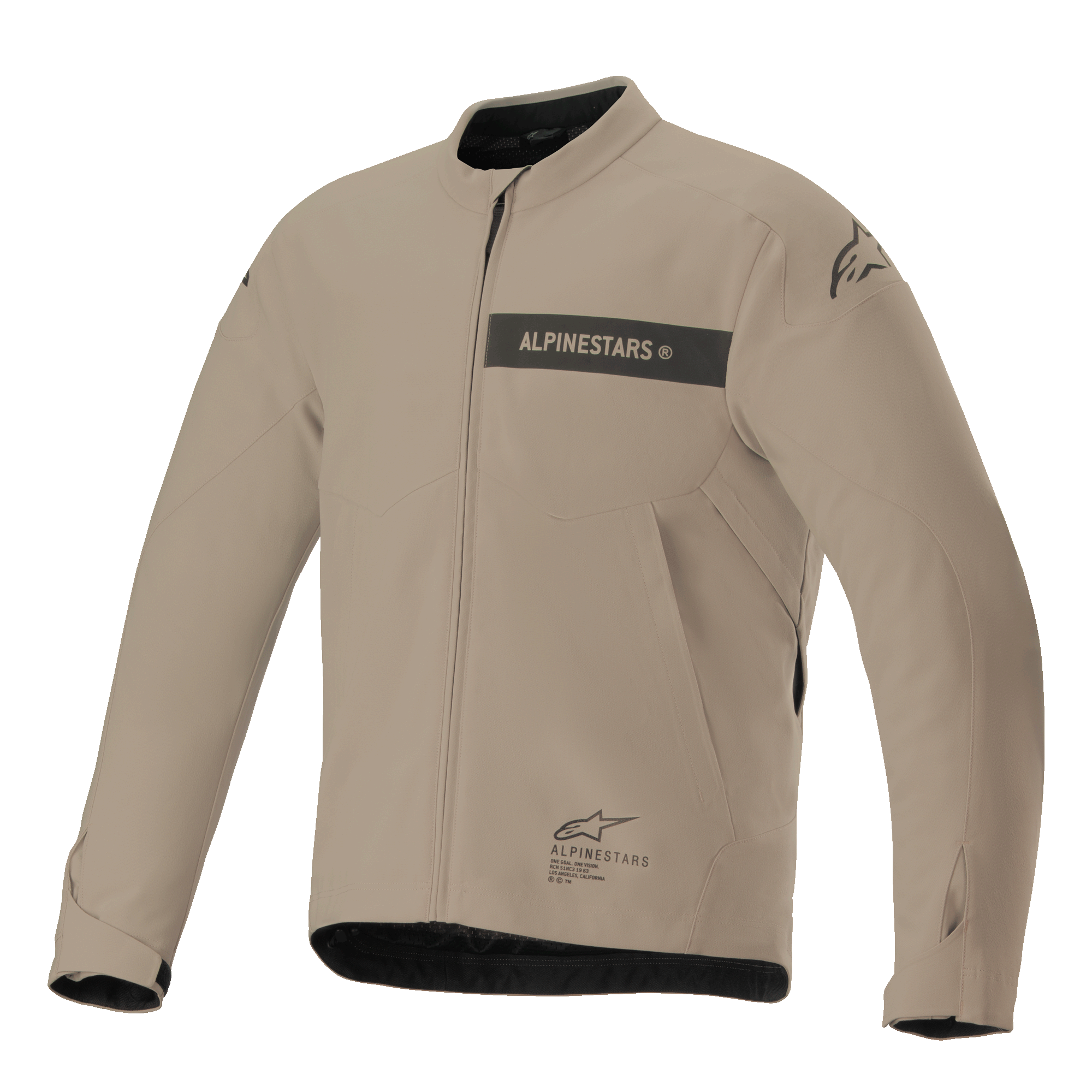 Alpinestars Aeron Jacke, Urban-Motorradjacke, Tan und Schwarz, minimalistische Textilkonstruktion mit Logo-Bruststreifen, Frontreißverschluss und verstellbaren Ärmelbündchen