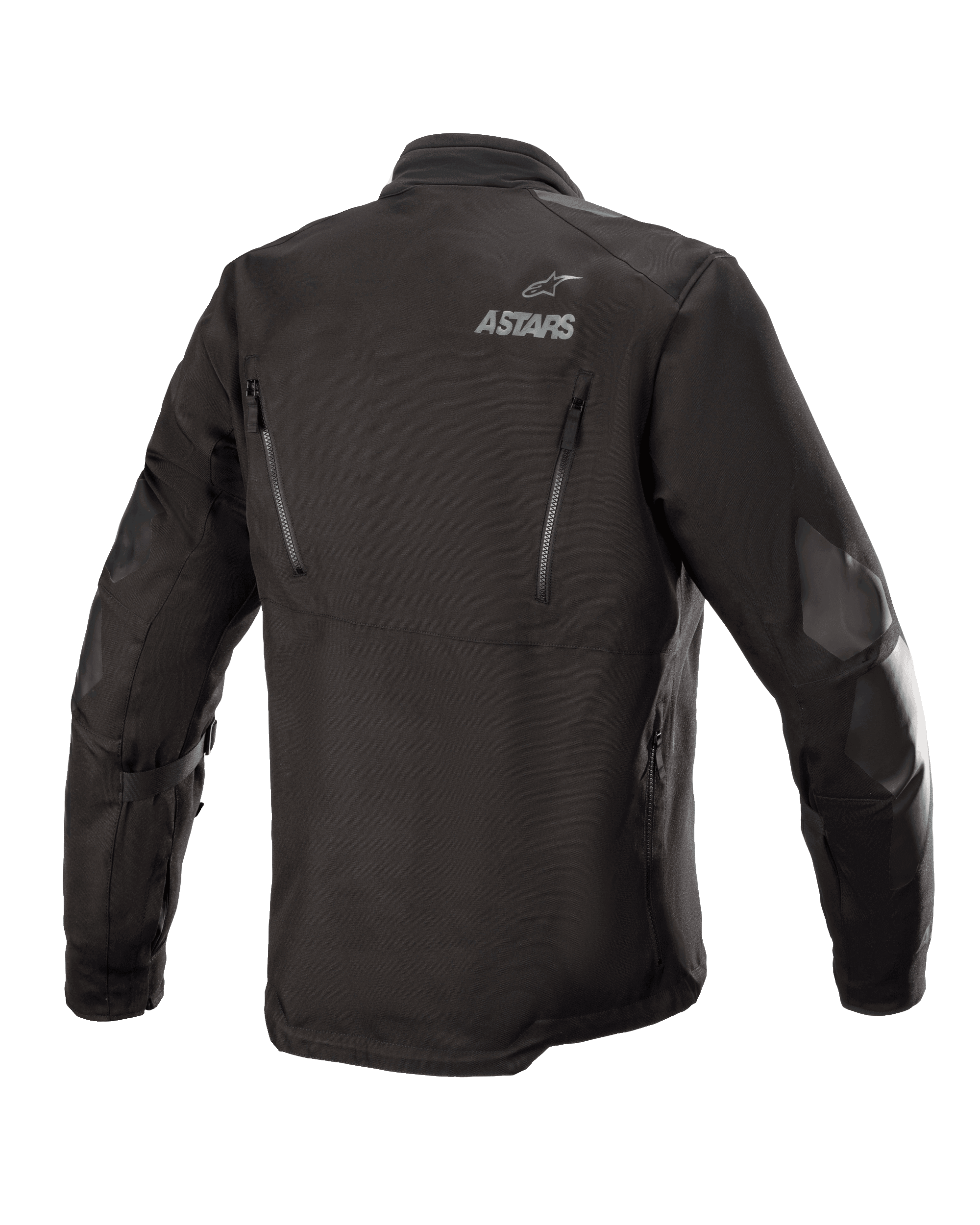 Alpinestars Venture XT Jacke, Schwarz, Rückansicht einer Textil-Adventure-Touring-Motorradjacke, mit ASTARS-Branding auf der Schulter, vertikalen Belüftungsreißverschlüssen am Rücken und PU-Folien-Verstärkungen an den Armen.