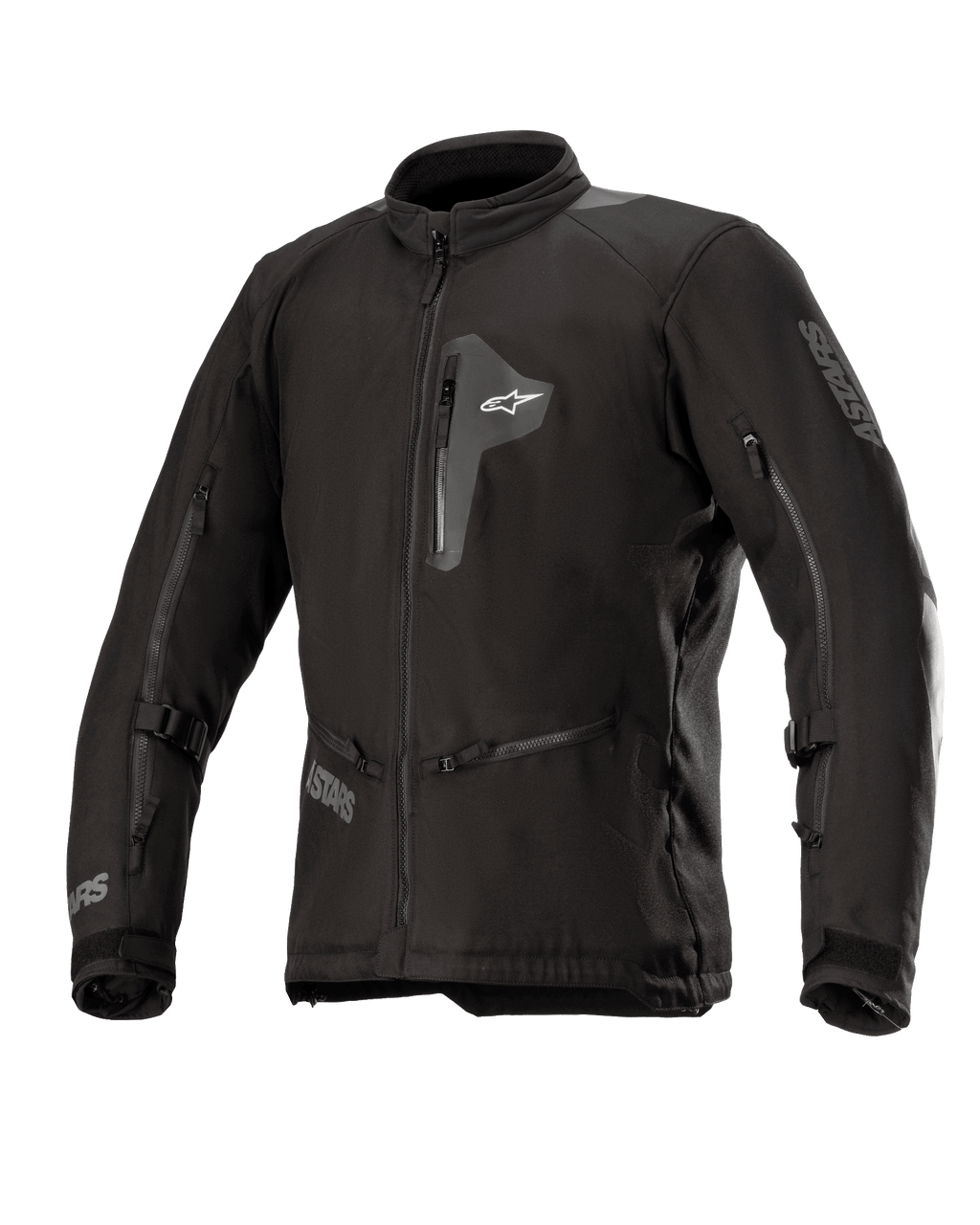 Alpinestars Venture XT Jacke, Schwarze Textil-Motorradjacke, Vorderansicht mit Brusttasche mit Reißverschluss und großen Belüftungsöffnungen an den Ärmeln, verstellbare Riemen an den Armen, hoher Kragen, wasserabweisende Konstruktion für Adventure-Touring.