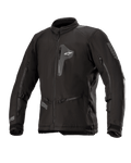 Alpinestars Venture XT Jacke, Schwarze Textil-Motorradjacke, Vorderansicht mit Brusttasche mit Reißverschluss und großen Belüftungsöffnungen an den Ärmeln, verstellbare Riemen an den Armen, hoher Kragen, wasserabweisende Konstruktion für Adventure-Touring.
