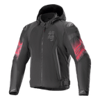 Alpinestars Zaca Air Venom WP Jacket, Textile Motorcycle Jacket, Black and Bright Red, red gradient sleeve graphics, vertical ASTARS chest logo, hooded design with mesh construction for ventilation, sport riding apparel
