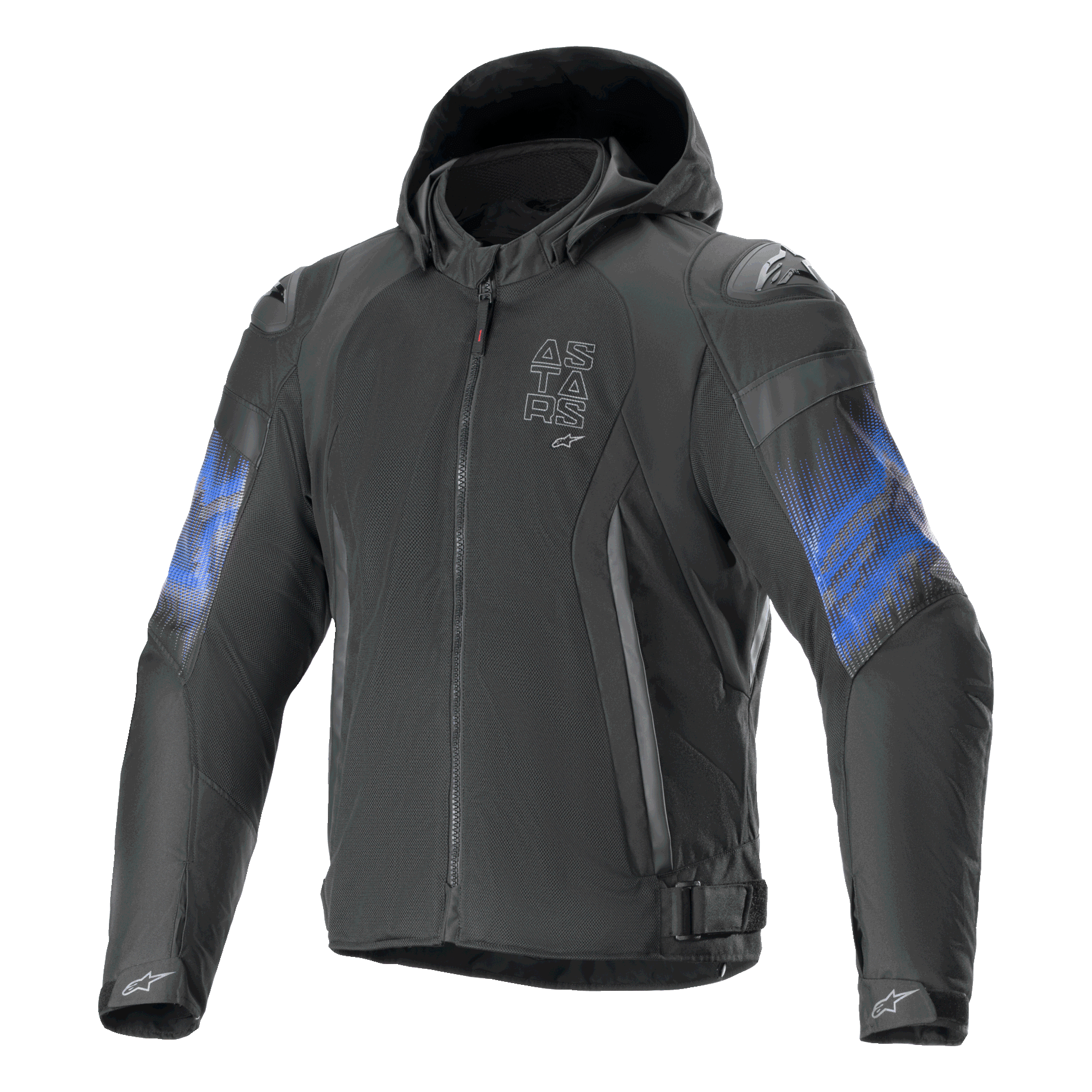 Alpinestars Zaca Air Venom Wasserdicht Jacke, Motorradtextiljacke mit Kapuze, Schwarz und Elektrisch Blau, CE-zertifiziert