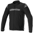 Alpinestars T-GP Force Jacket, Black textile motorcycle jacket with white logos on chest and shoulders, full front zipper, high collar, pre-curved sleeves, sport-fit design for road riding