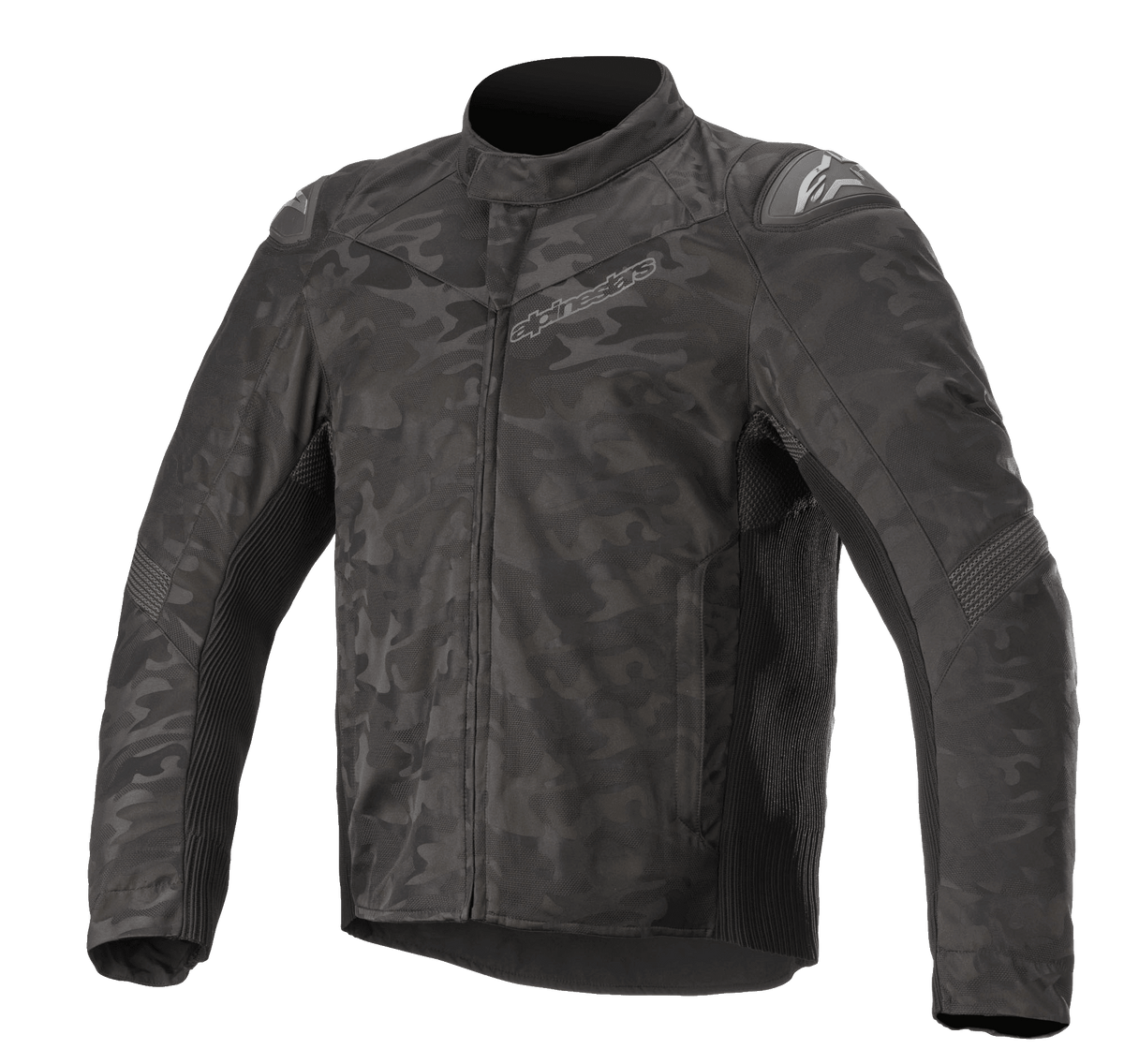 Alpinestars T SP-5 Rideknit® Textiljacke, Motorradjacke, Black Camo mit dunklem Tarnmuster, gerippte Strickeinsätze für Dehnbarkeit, externe Schulterschleifer, hoher Kragen und stromlinienförmige sportliche Passform