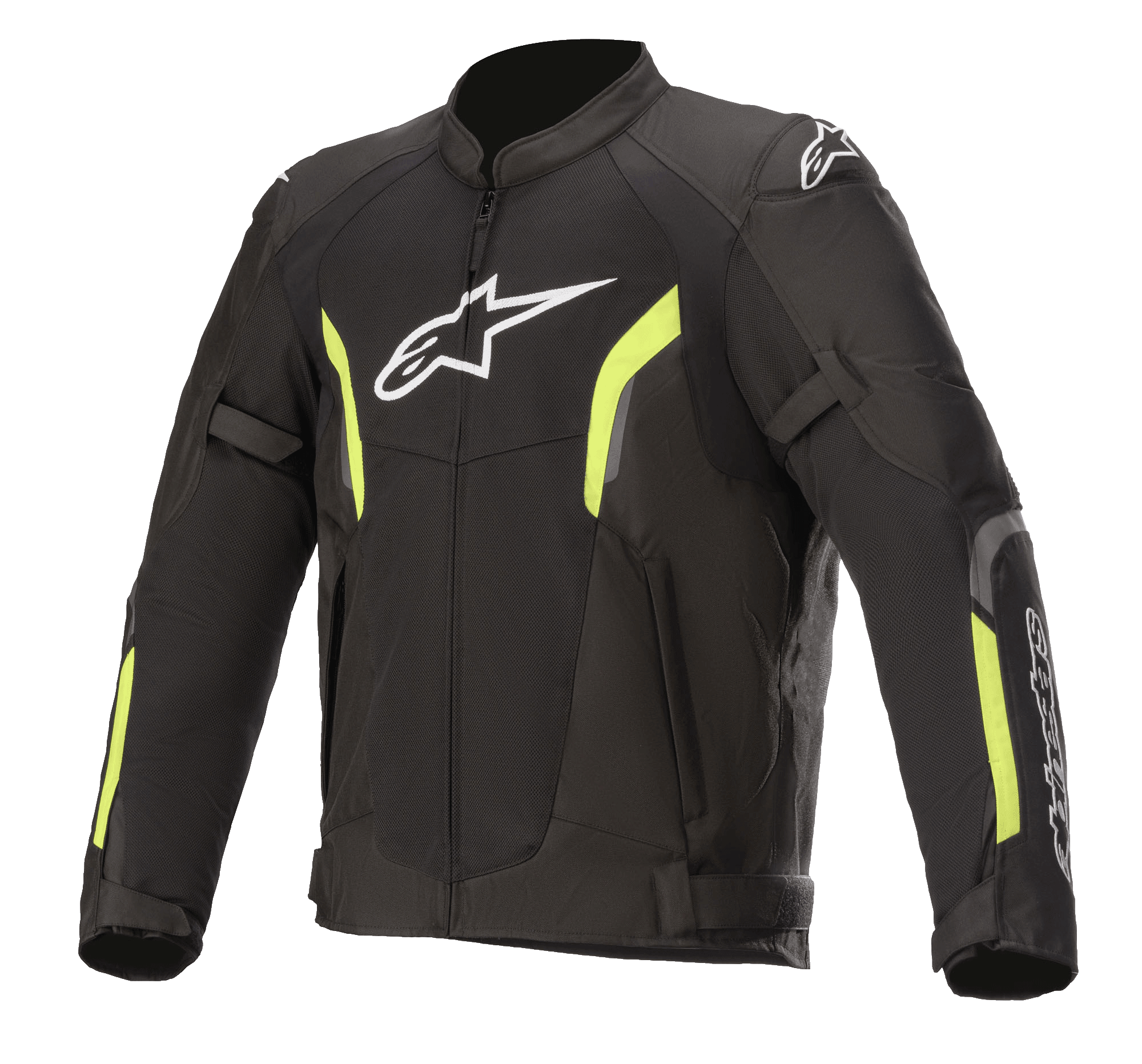 Alpinestars AST V2 Air Jacke, Motorrad-Mesh-Jacke, Schwarz und Neongelb, weißes Astars-Logo auf der Brust, große Mesh-Einsätze zur Belüftung, fluoreszierende gelbe Akzente an Ärmeln und Brust, verstellbare Armriemen für eine sportliche, schützende Passform