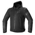 Alpinestars Zaca Air Jacket, Black Textile Motorcycle Jacket, Hooded design with front zipper, 3D mesh panels for breathability, external DFS Lite shoulder sliders, tonal logos on chest and arms, adjustable waist straps, sporty street style