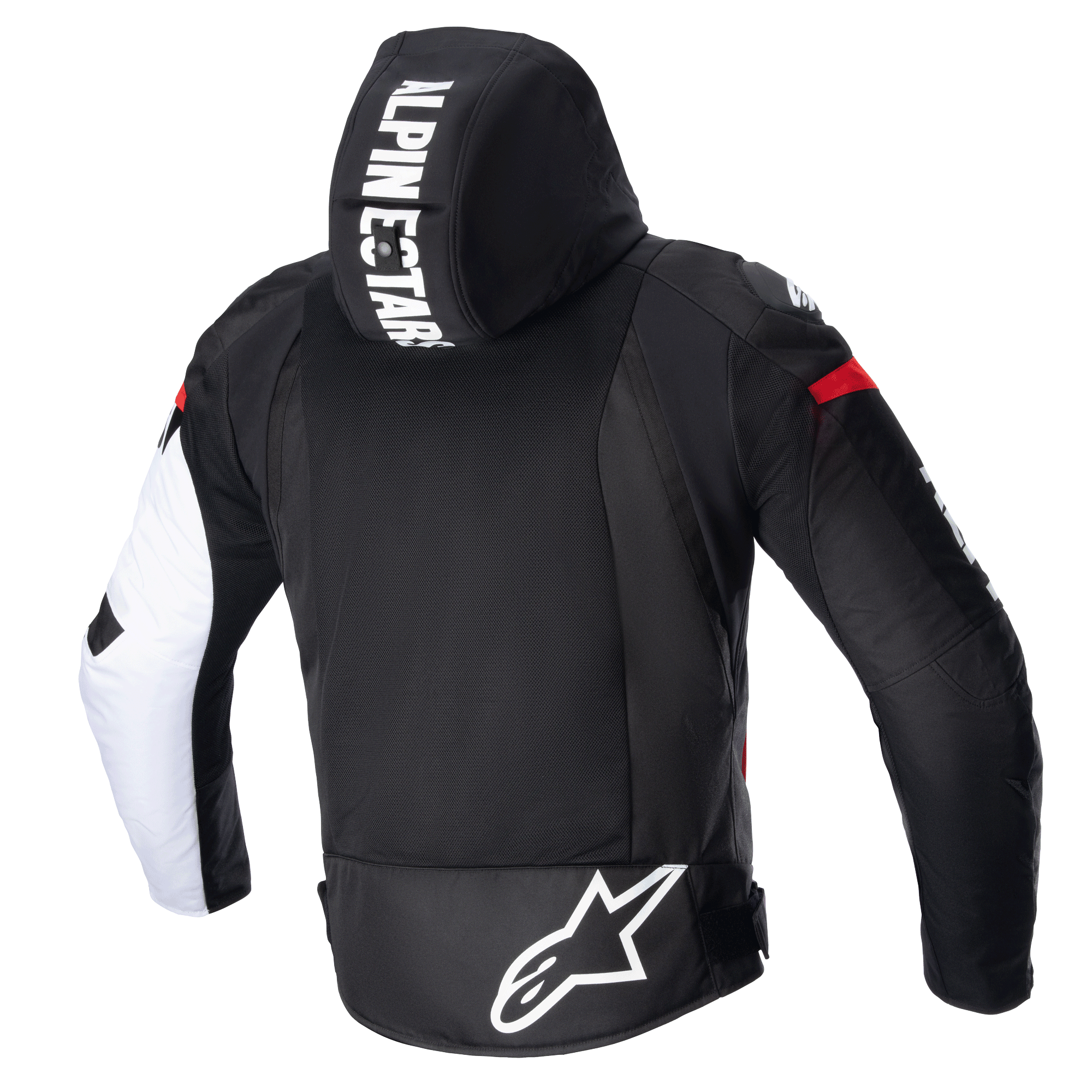 Alpinestars Zaca Air Jacket, Textile Motorcycle Jacket, Black White and Red Fluo, rear view featuring a detachable hood with bold branding, large 3D mesh back panel for ventilation, and a white Astars logo on the lower back.