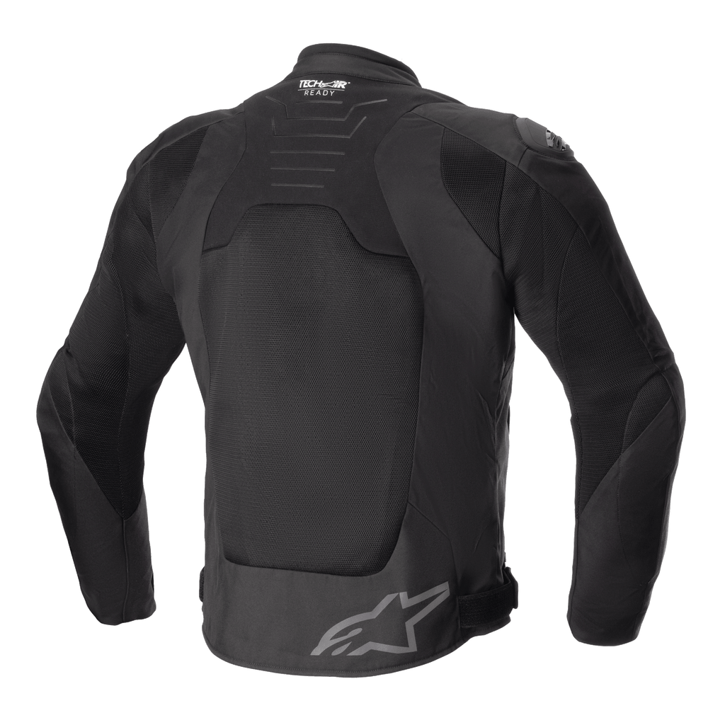 Alpinestars SMX Air Jacke, Schwarz, Rückansicht, mit großen Tech-Mesh-Einsätzen zur Belüftung, Tech-Air Ready Branding am oberen Rücken, Alpinestars Stern-Logo am unteren Rücken, sportliche Textil-Motorradjacke