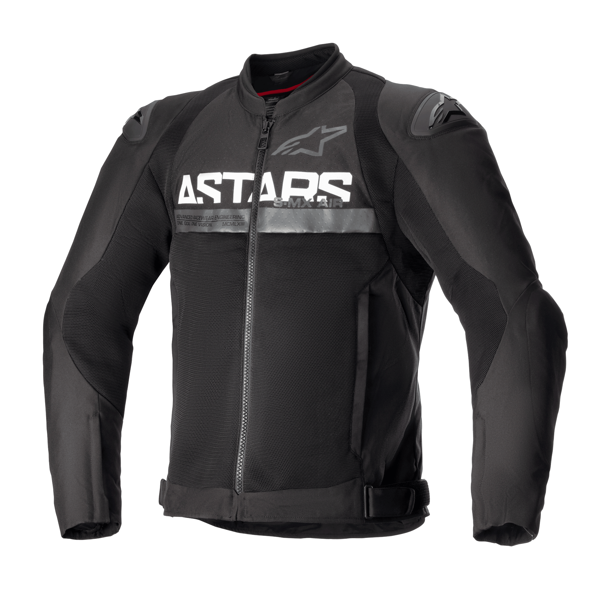 Alpinestars SMX Air Jacke, schwarze Textil-Motorradjacke, Mesh-Belüftungseinsätze, markanter weißer ASTARS-Schriftzug auf der Brust, externe DFS Lite Schulterschleifer und Frontreißverschluss in körpernahem Racing-Design.