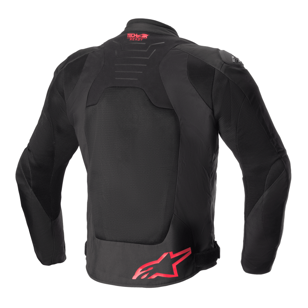 Alpinestars SMX Air Jacke, Rückansicht, Schwarz mit leuchtend roten Akzenten, belüfteter Mesh-Rückeneinsatz, Tech-Air Ready-Branding am oberen Rücken, rotes Alpinestars-Logo am unteren Rücken, Sport-Motorradjacke.