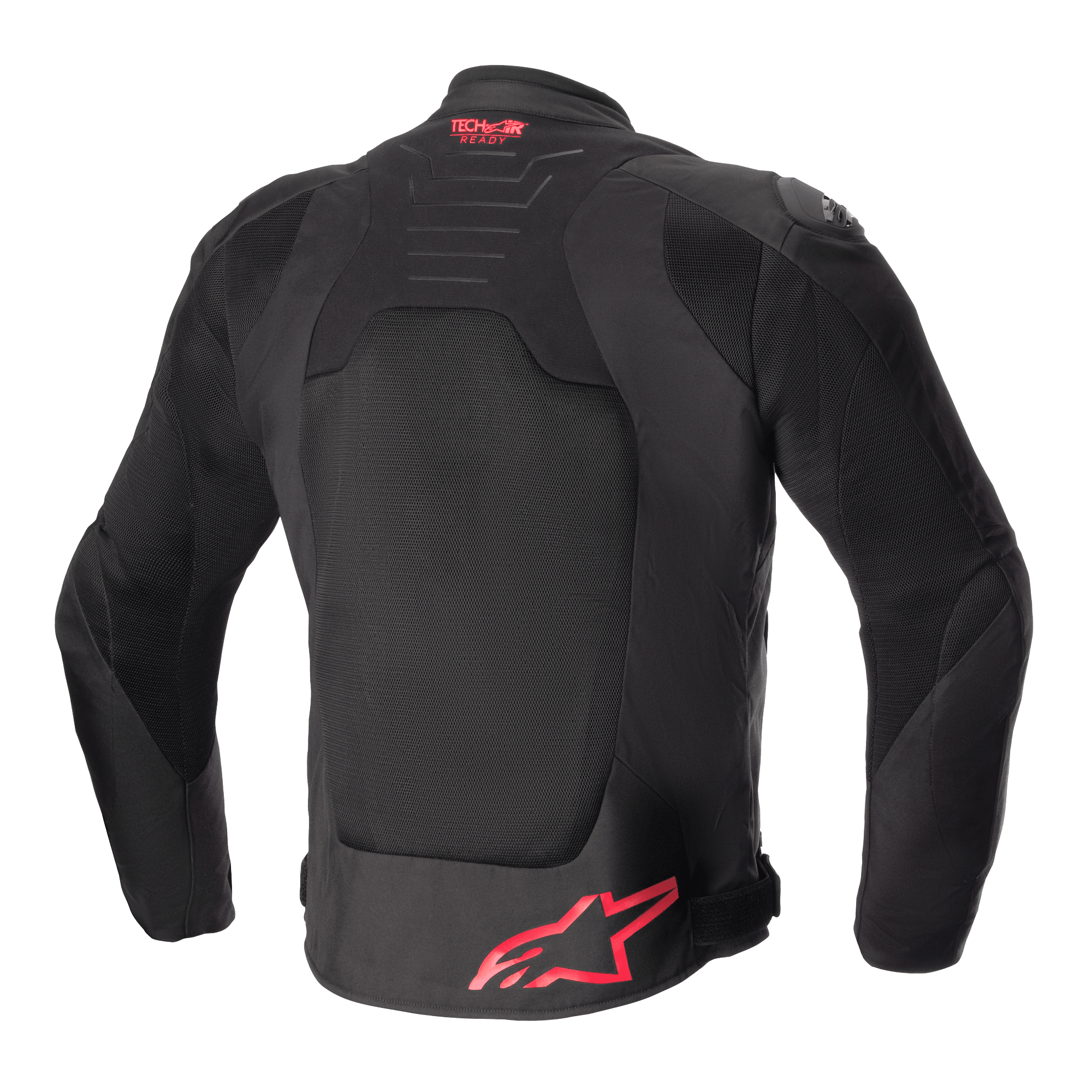 Alpinestars SMX Air Jacke, Rückansicht, Schwarz mit leuchtend roten Akzenten, belüfteter Mesh-Rückeneinsatz, Tech-Air Ready-Branding am oberen Rücken, rotes Alpinestars-Logo am unteren Rücken, Sport-Motorradjacke.