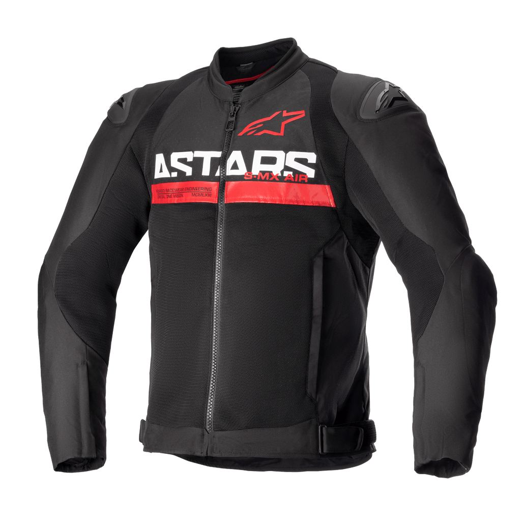 Alpinestars SMX Air Jacke, Motorrad-Sportjacke, Schwarz und Bright Red, mit markantem weißem 'ASTARS'-Schriftzug und einem roten horizontalen Streifen auf der Brust, belüftete Mesh-Einsätze mit DFS Lite externen Schulterschleifern, schützende Sommer-Fahrerausrüstung