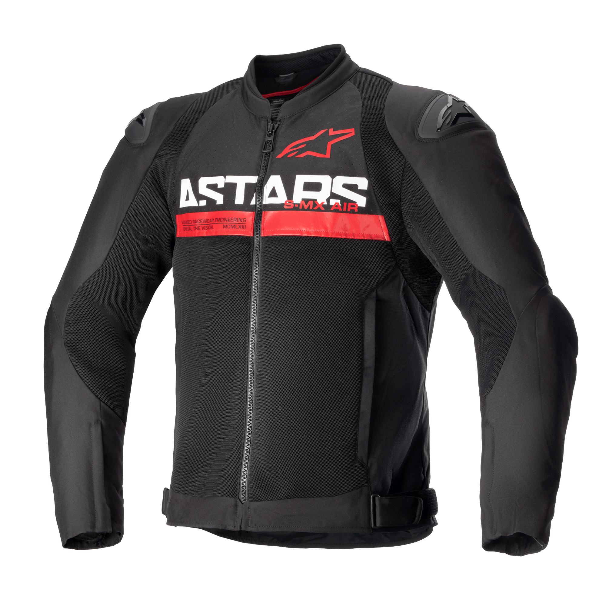 Alpinestars SMX Air Jacke, Motorrad-Sportjacke, Schwarz und Bright Red, mit markantem weißem 'ASTARS'-Schriftzug und einem roten horizontalen Streifen auf der Brust, belüftete Mesh-Einsätze mit DFS Lite externen Schulterschleifern, schützende Sommer-Fahrerausrüstung