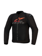 Alpinestars SMX Air Jacket, Motorcycle Jacket, Black with Bright Red and White accents, featuring a large red Alpinestars star logo and white outlined text on the chest, mesh paneling with black shoulder sliders, performance sport riding apparel.