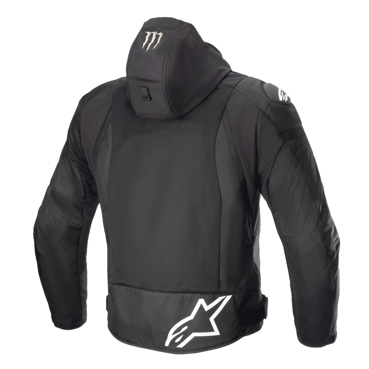 Alpinestars FQ20 Zaca Air Monster Jacke, Textil-Motorradjacke, Schwarz und Weiß, Rückansicht mit großem weißen Alpinestars-Logo am unteren Rücken, Monster Energy Krallen-Logo auf der Kapuze, 3D-Mesh-Belüftungseinsätzen und DFS Lite Schulterschleifern.