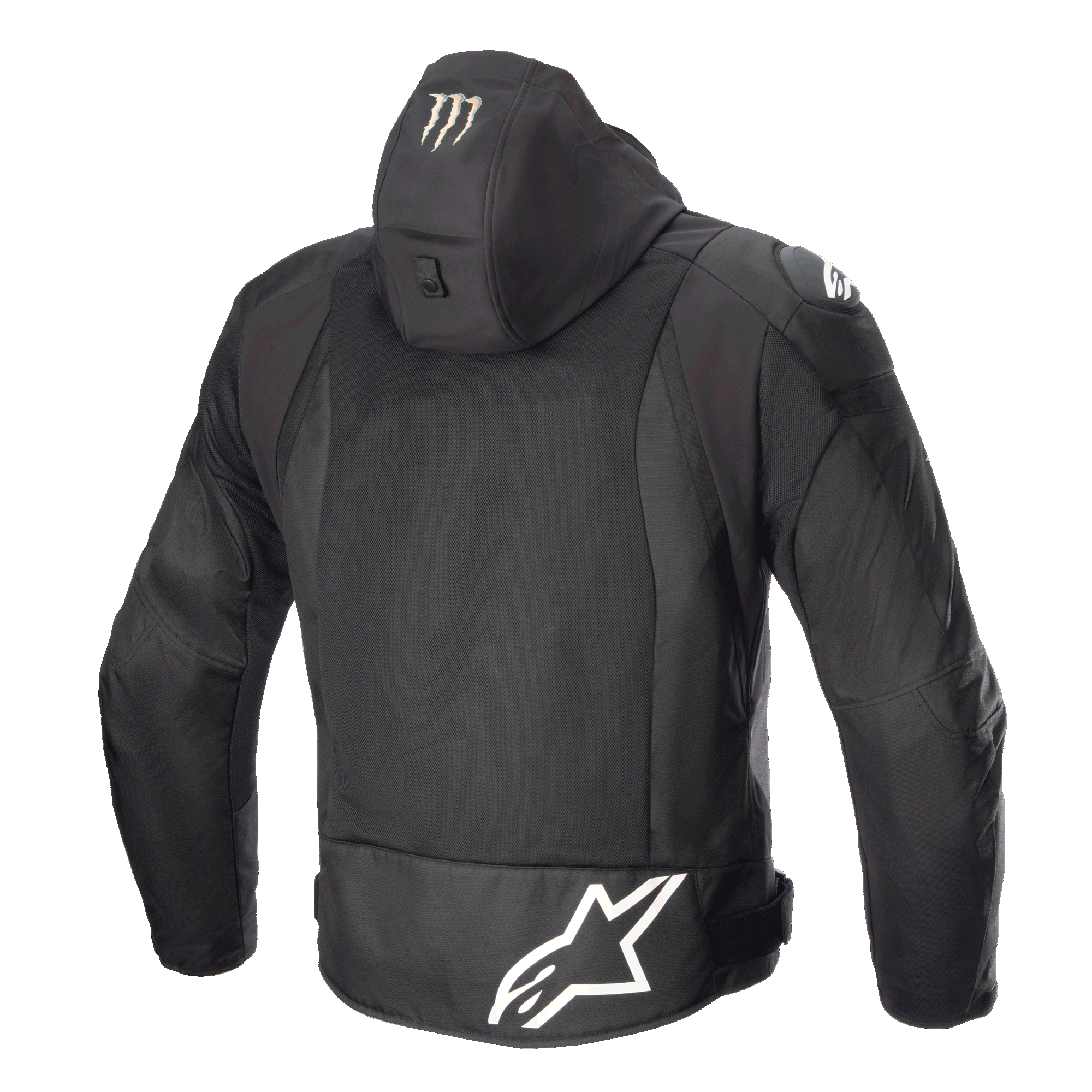 Alpinestars FQ20 Zaca Air Monster Jacke, Textil-Motorradjacke, Schwarz und Weiß, Rückansicht mit großem weißen Alpinestars-Logo am unteren Rücken, Monster Energy Krallen-Logo auf der Kapuze, 3D-Mesh-Belüftungseinsätzen und DFS Lite Schulterschleifern.