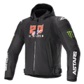 Alpinestars FQ20 Zaca Air Monster Jacke, schwarze Textil-Motorradjacke mit Kapuze, rot-weiße „20 El Diablo“-Grafiken, grüne Monster Energy Krallen-Logos, weißes ASTARS-Branding auf den Ärmeln, DFS Lite Schulterschleifer, Reißverschluss