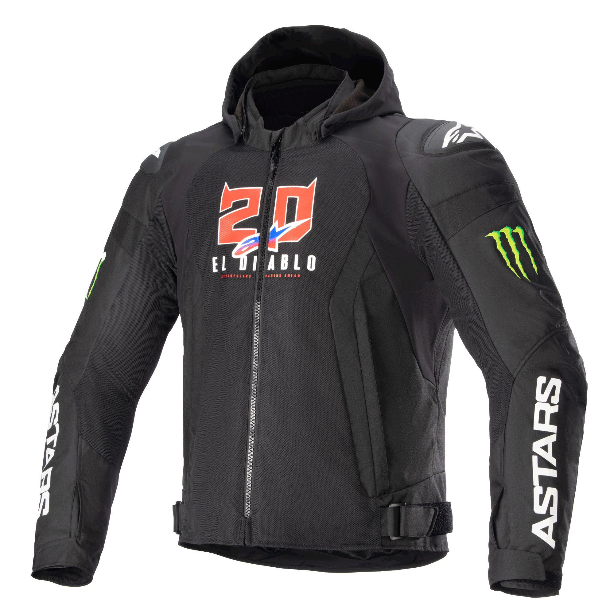 Alpinestars FQ20 Zaca Air Monster Jacke, schwarze Textil-Motorradjacke mit Kapuze, rot-weiße „20 El Diablo“-Grafiken, grüne Monster Energy Krallen-Logos, weißes ASTARS-Branding auf den Ärmeln, DFS Lite Schulterschleifer, Reißverschluss