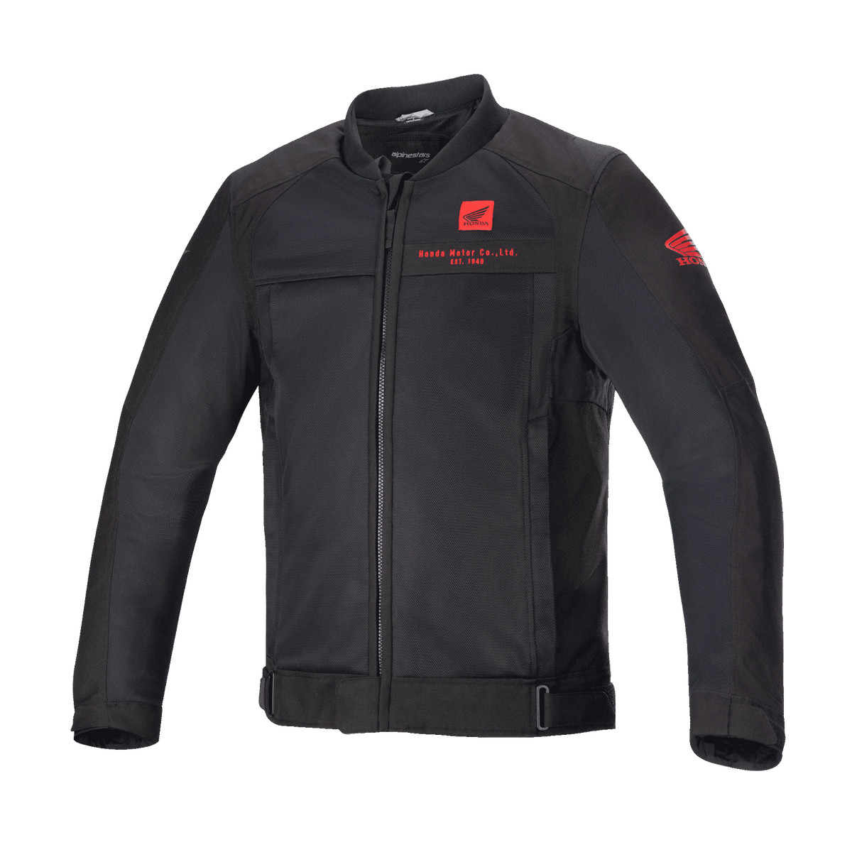 Alpinestars Honda Luc V2 Air Jacke, Schwarze Motorradjacke, Bomber-Stil mit Mesh-Einsätzen, Rotes Honda-Branding auf Brust und Ärmel, Durchgehender Frontreißverschluss, Gerippter Kragen, Verstellbarer Bund und Manschetten, Textilmaterial für urbane Fahrten