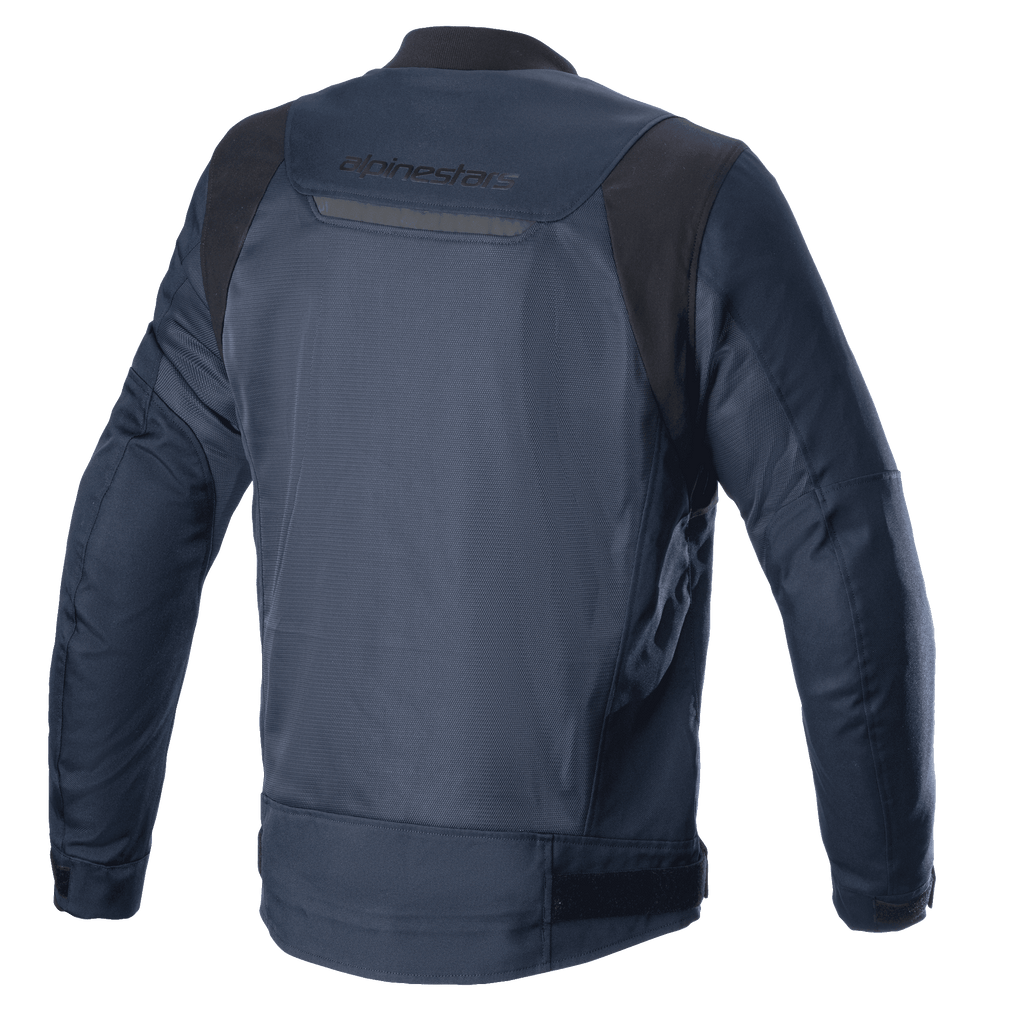 Alpinestars Luc V2 Air Jacke, Navy-Schwarz, Rückansicht, mit Mesh-Einsätzen für Luftzirkulation, reflektierenden Details und Alpinestars-Branding auf dem oberen Rücken, Textil-Motorradjacke im Bomber-Stil