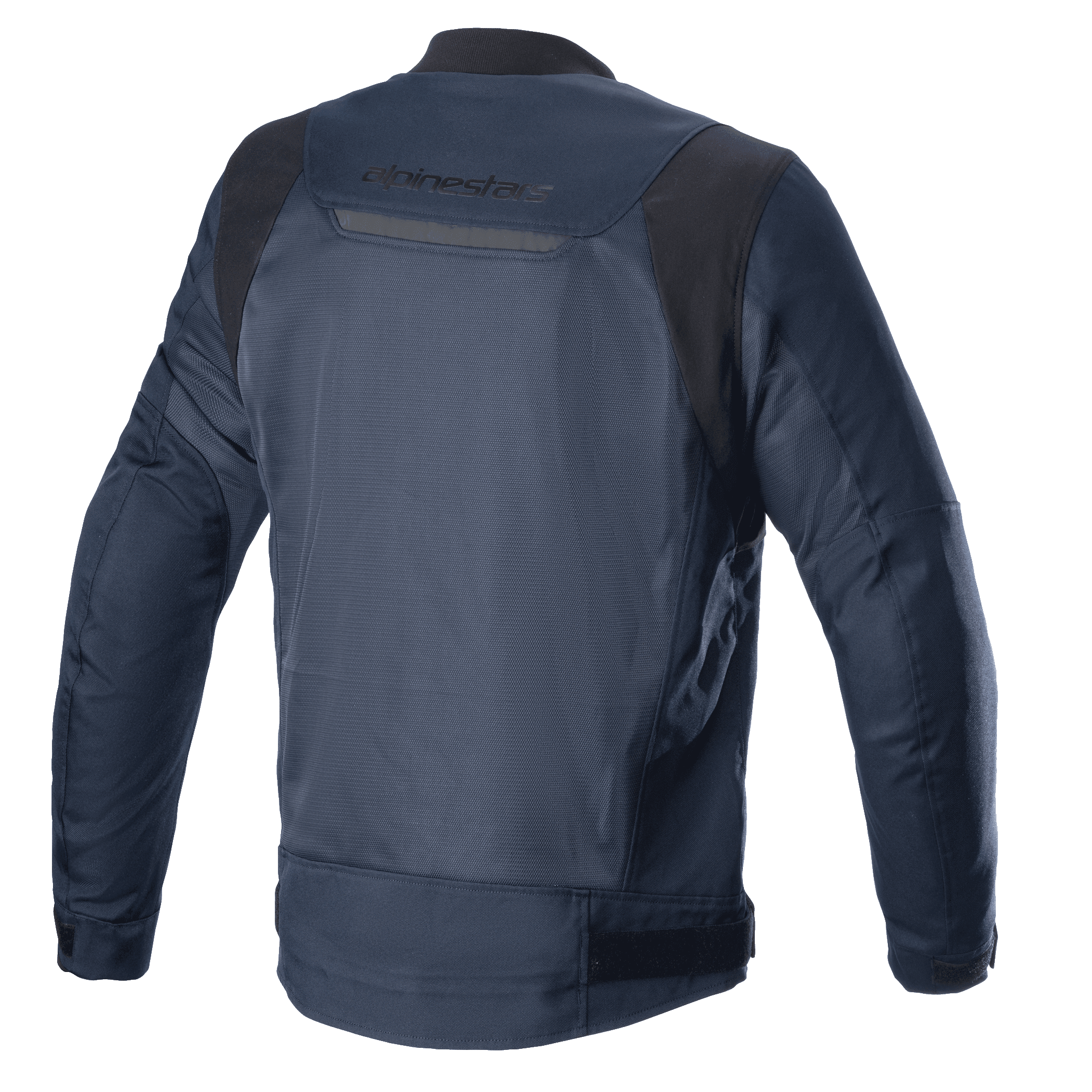 Alpinestars Luc V2 Air Jacke, Navy-Schwarz, Rückansicht, mit Mesh-Einsätzen für Luftzirkulation, reflektierenden Details und Alpinestars-Branding auf dem oberen Rücken, Textil-Motorradjacke im Bomber-Stil