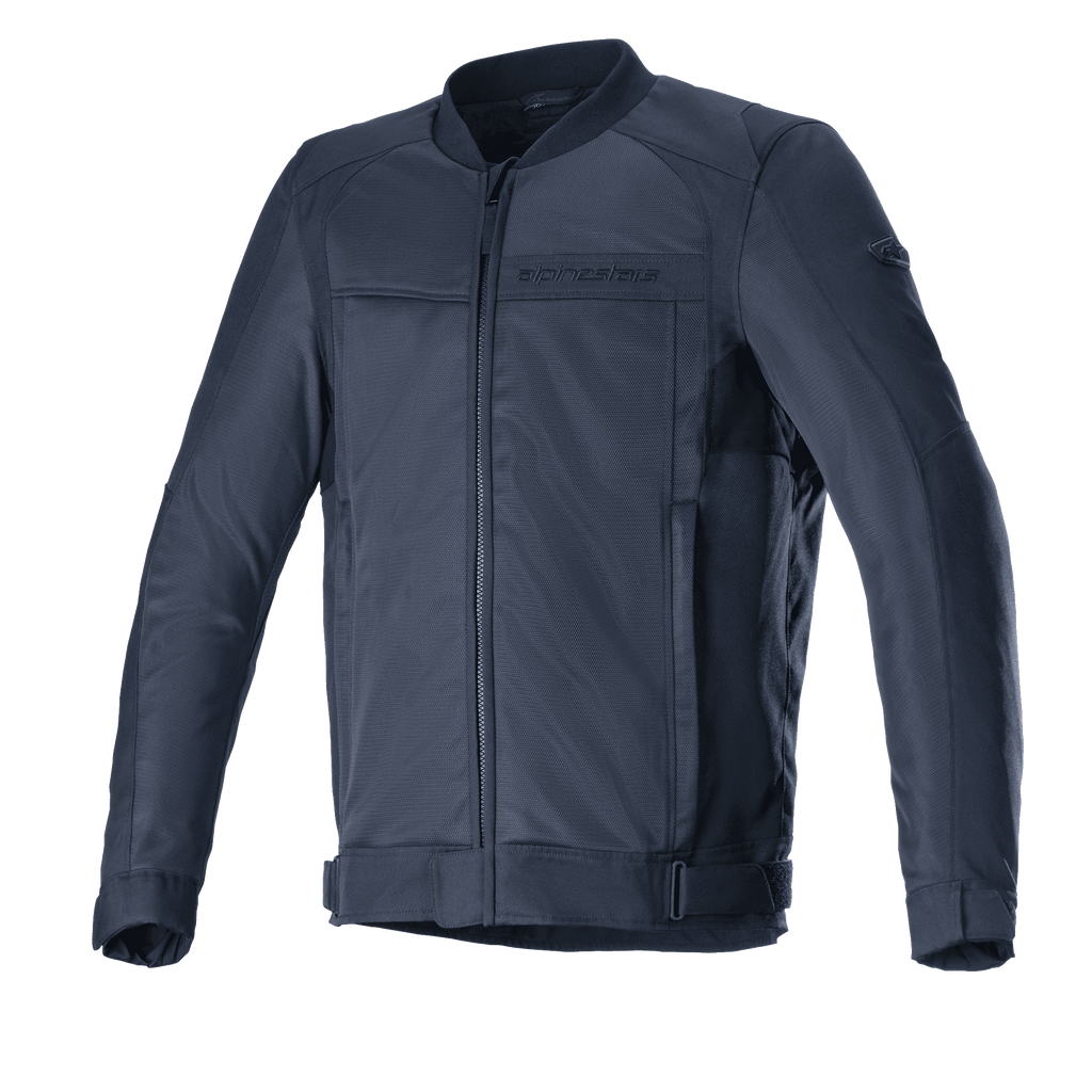 Alpinestars Luc V2 Air Jacke, Motorradjacke für urbane Fahrten, Navy-Schwarz, Design im Bomber-Stil mit Frontreißverschluss, großflächige Mesh-Einsätze für optimale Belüftung, verstellbare Taillenriemen und dezentes Branding auf der Brust