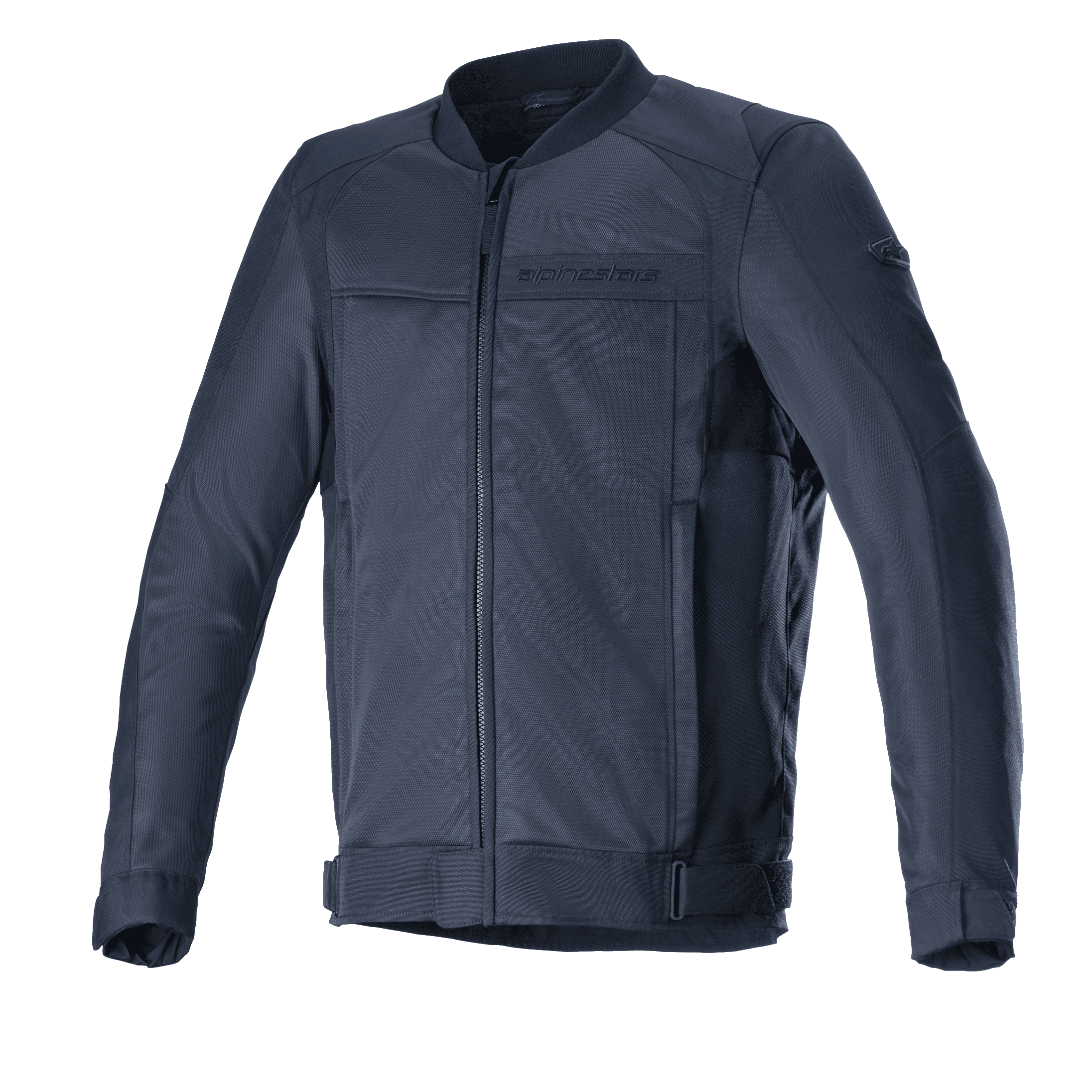 Alpinestars Luc V2 Air Jacke, Motorradjacke für urbane Fahrten, Navy-Schwarz, Design im Bomber-Stil mit Frontreißverschluss, großflächige Mesh-Einsätze für optimale Belüftung, verstellbare Taillenriemen und dezentes Branding auf der Brust