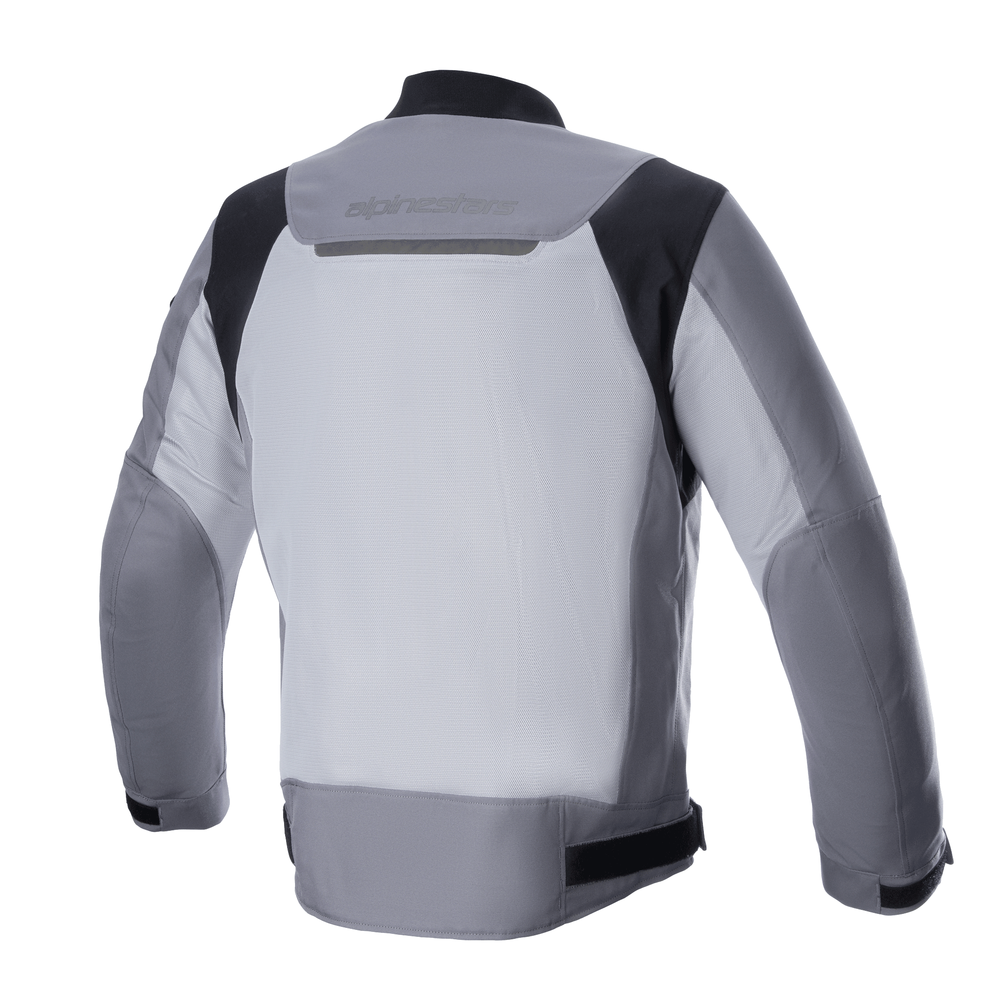 Alpinestars Luc V2 Air Jacket, Textil-Motorradjacke, Dunkelgrau Mittelgrau, Rückansicht mit großem belüftetem Mesh-Einsatz, schwarzen Schulterakzenten und reflektierendem Branding am oberen Rücken
