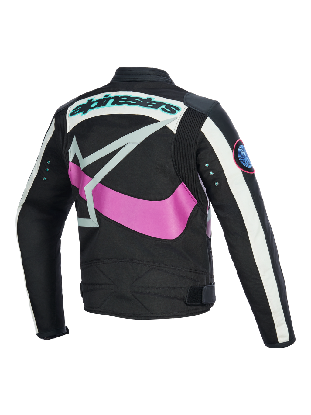 Alpinestars Idles Damenjacke, Rückansicht, Schwarz mit Off-White und Lila, großes pinkfarbenes umlaufendes Stern-Logo, blaugrüne Wortmarke und Metallösen an den Ärmeln, Vintage-inspiriertes Design mit Akkordeon-Paneelen für urbanes Motorradfahren
